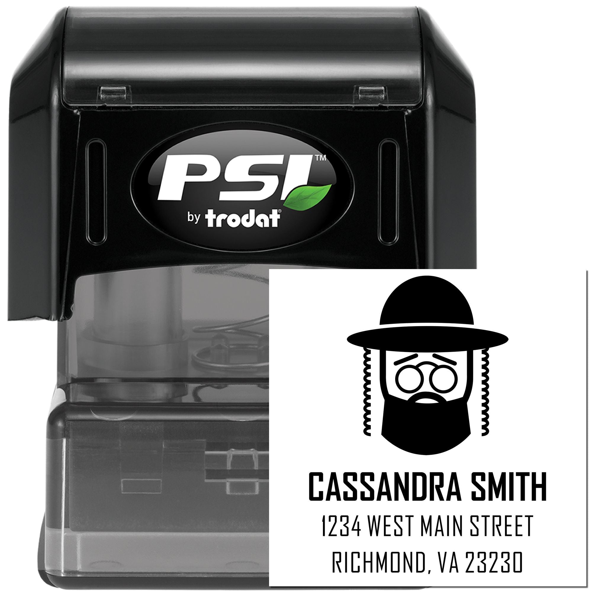 PSI by Trodat self-inking rubber stamp with custom name and address imprint for personalized return mailing.