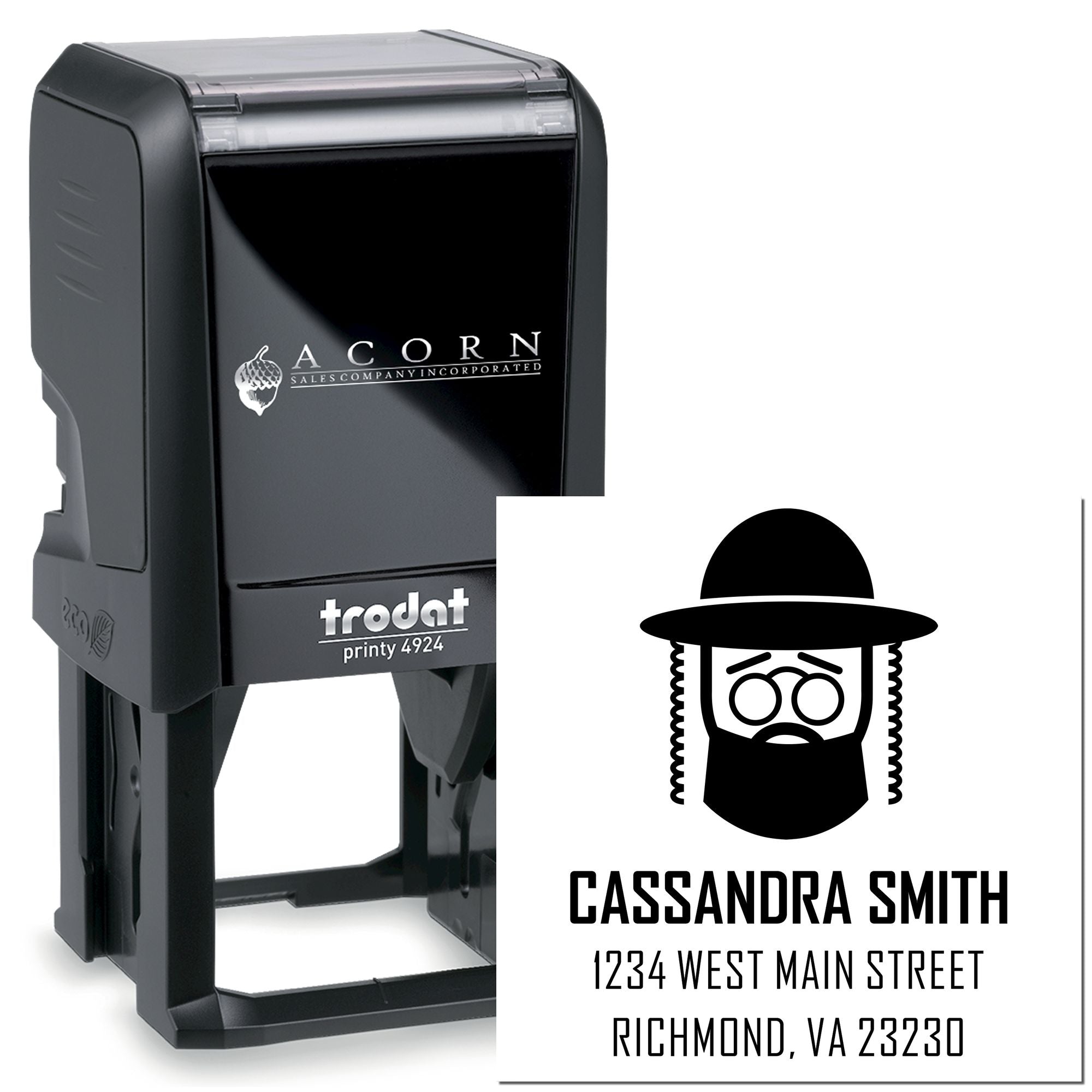 Custom self-inking rubber stamp with Trodat Printy 4924, logo, name, and address for personalized business mail and branding.