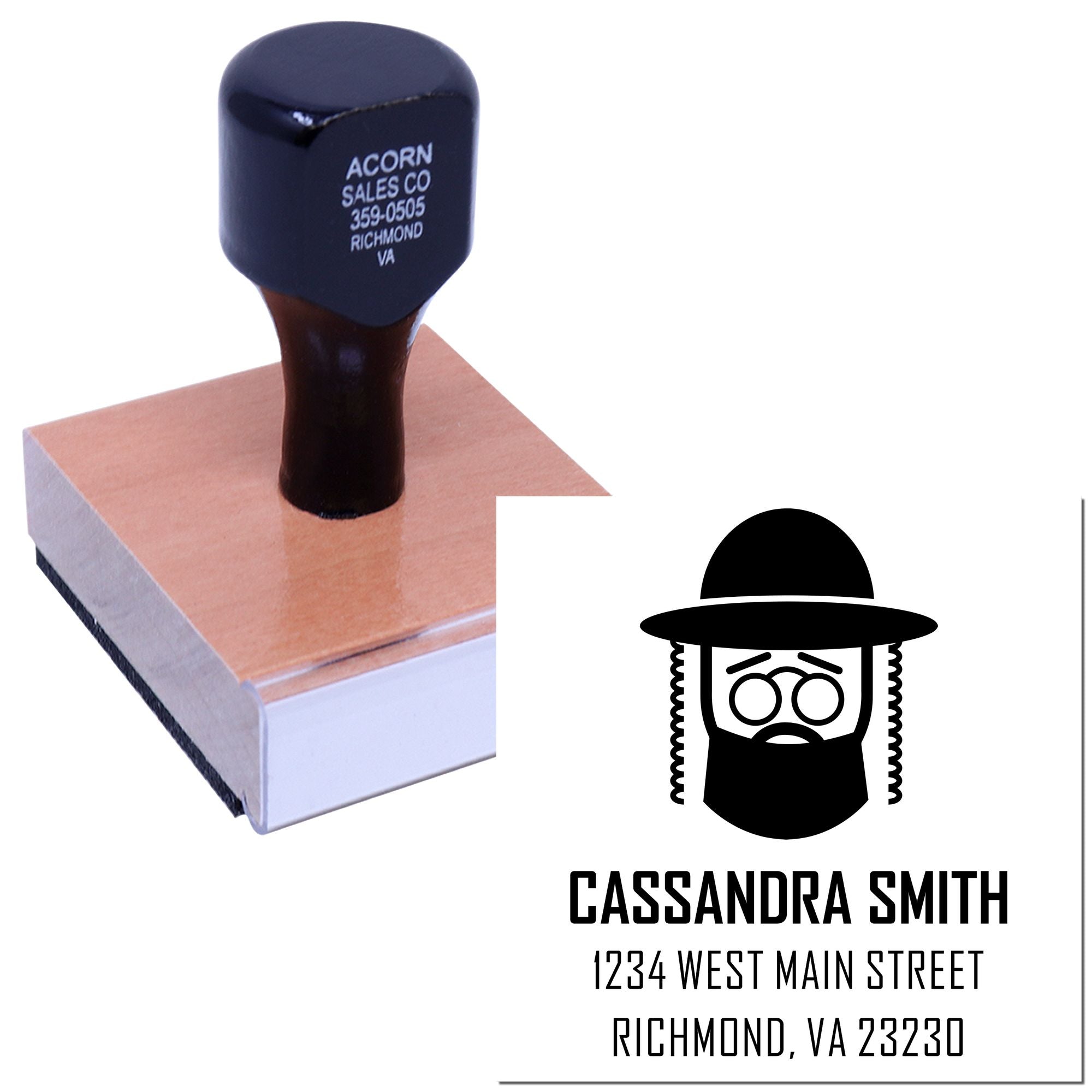 Custom rubber address stamp with bearded logo, Cassandra Smith name, and Richmond, VA mailing address.