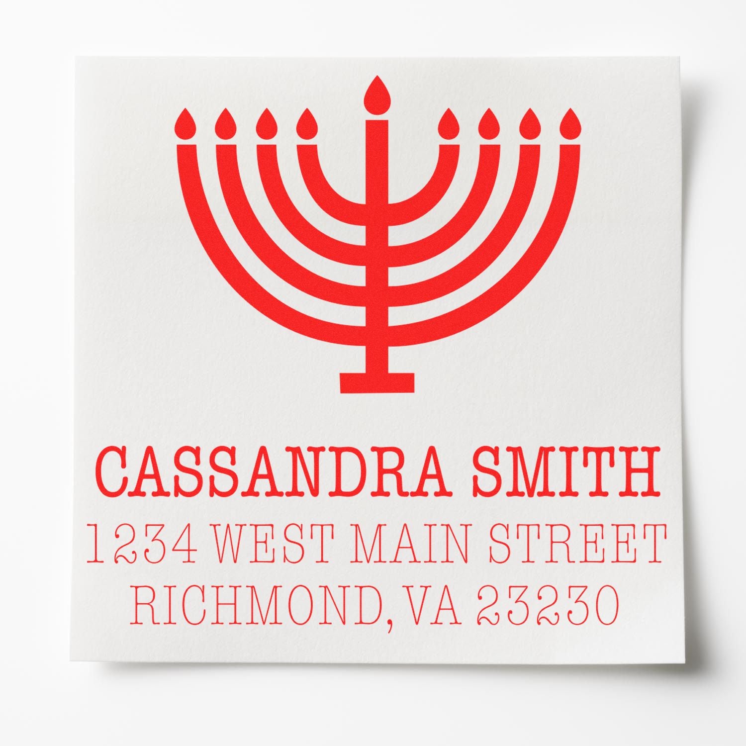 Custom menorah return address rubber stamp with name and Richmond, VA address for holiday stationery.