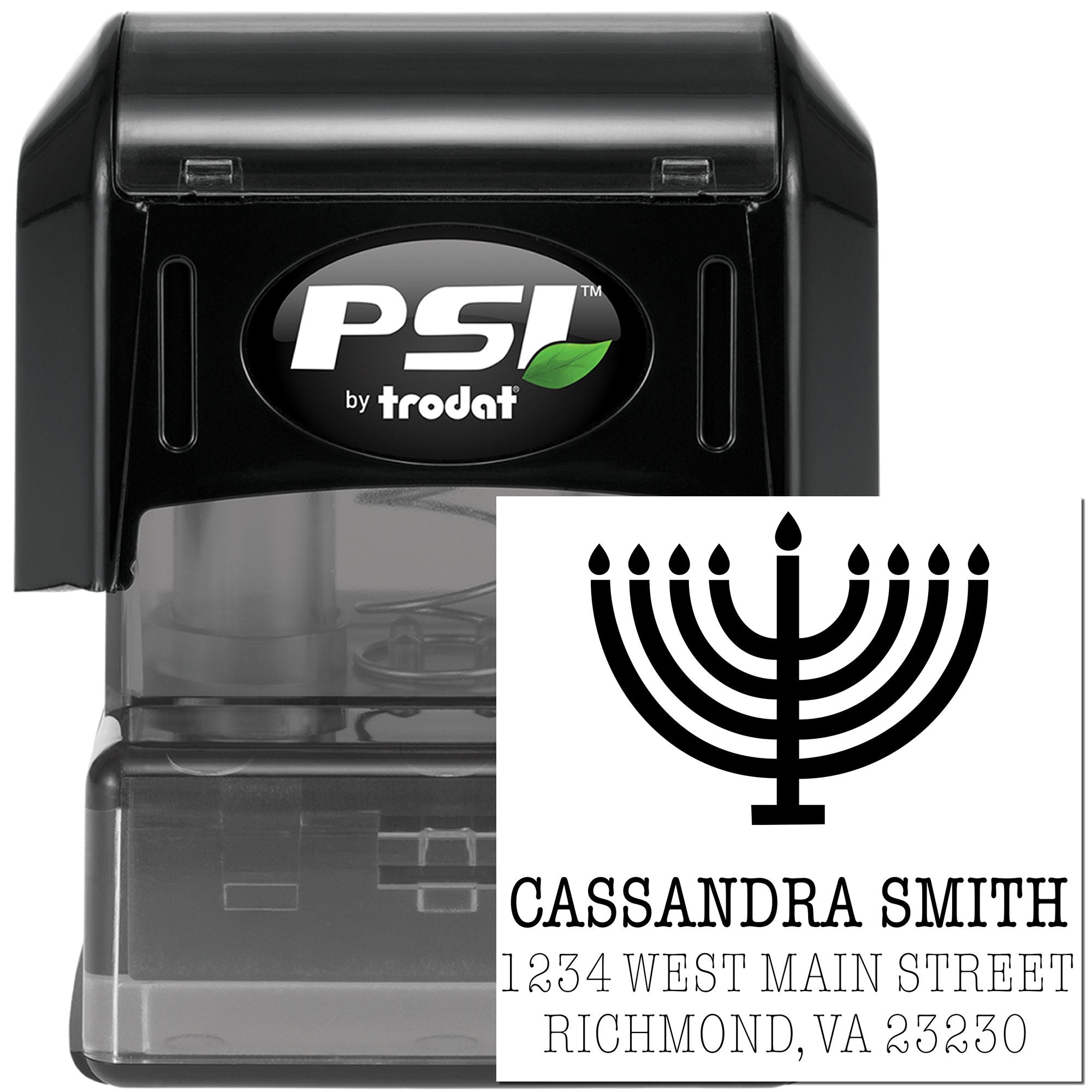 PSI by Trodat self-inking rubber stamp with custom menorah return address stamp design for Cassandra Smith, Richmond VA.