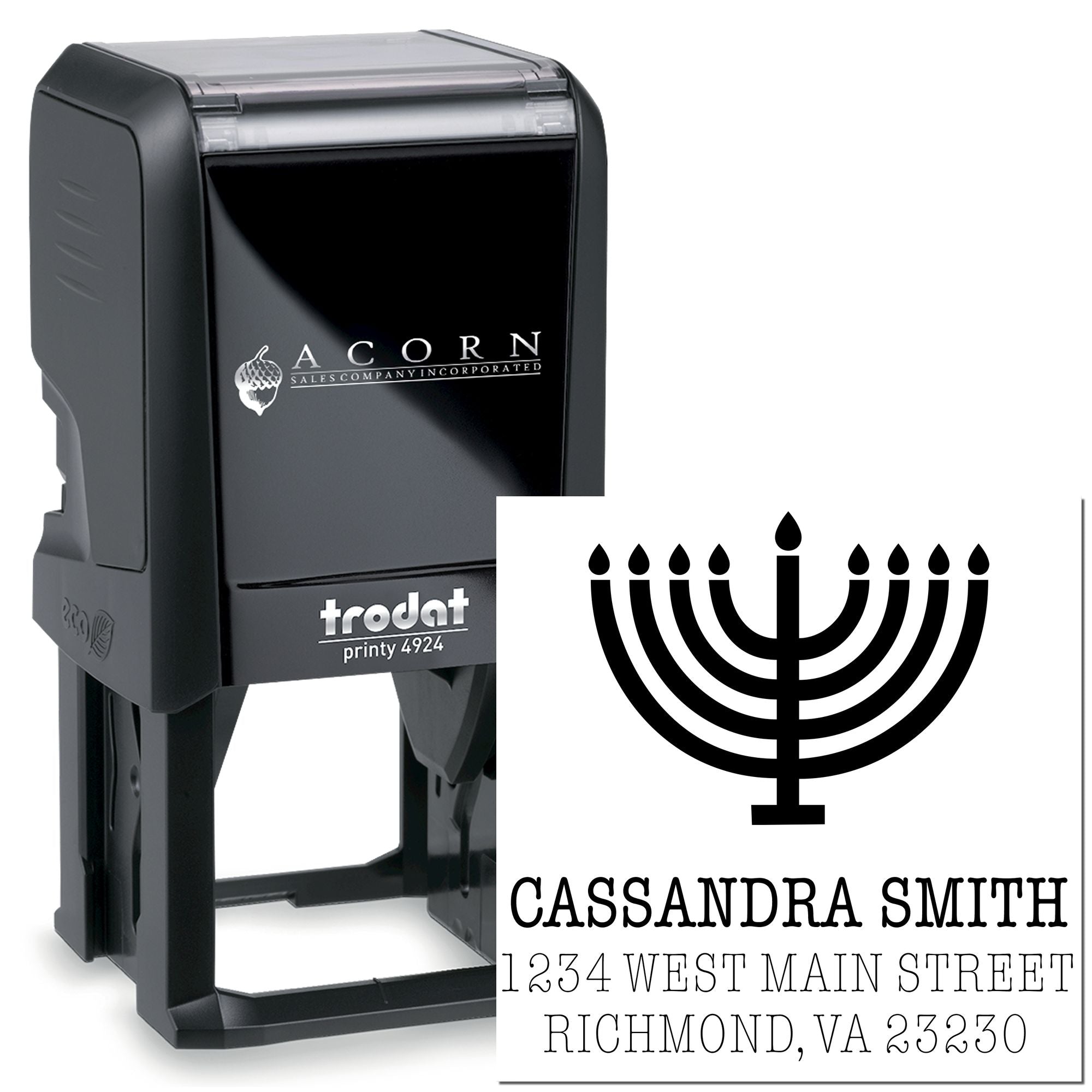 Custom self-inking Hanukkah address stamp with menorah design, Trodat Printy 4924 rubber stamp for personalized holiday mailings.