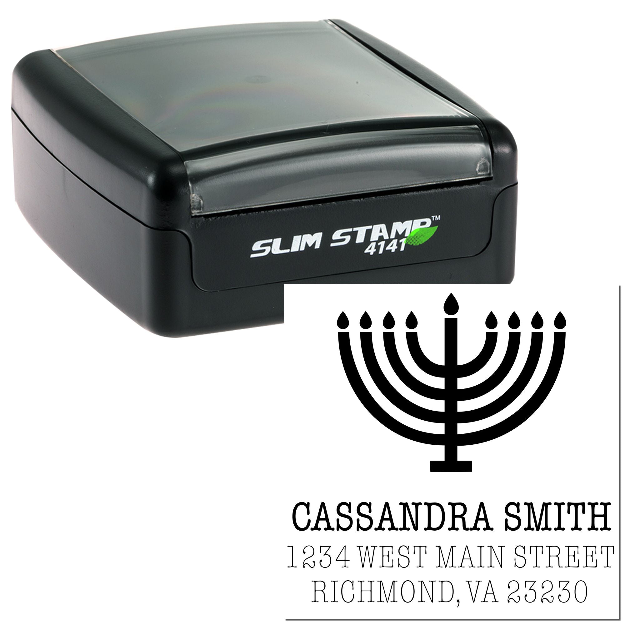 Custom self-inking menorah return address stamp with name and address, ideal for Hanukkah cards and Jewish stationery.
