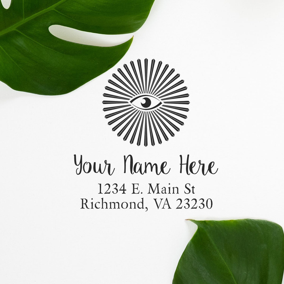 Custom return address rubber stamp with eye logo, personalized name, and Richmond, VA address.