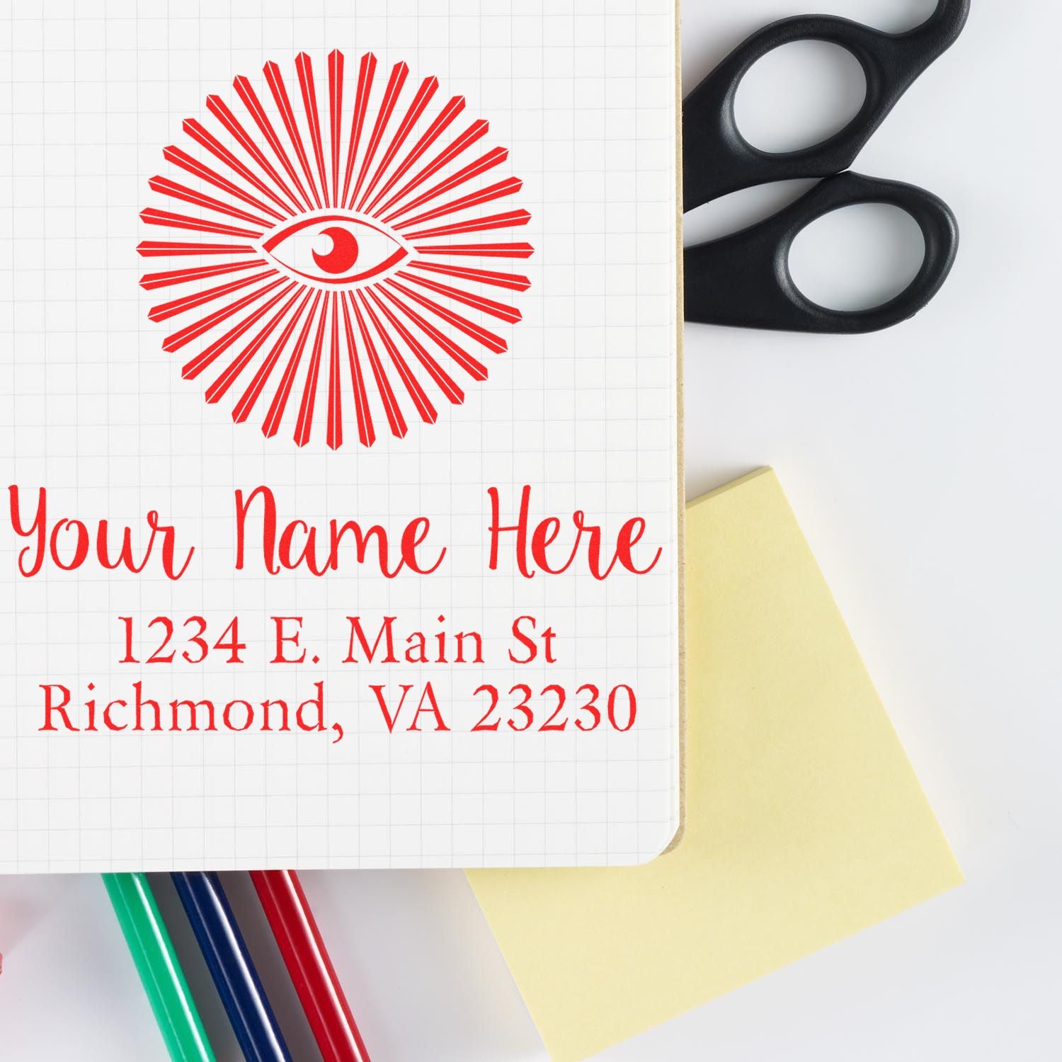 Custom rubber stamp sample with logo and return address for personalized mailing, packaging, and business branding.