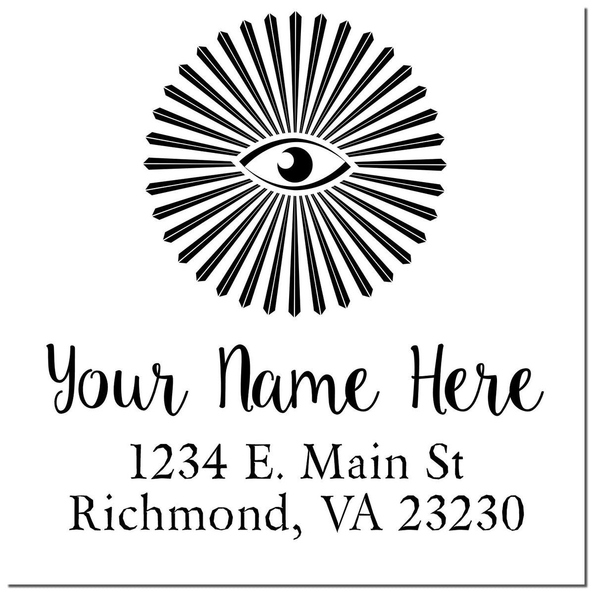 Custom return address rubber stamp with eye logo, name, and Richmond, VA address.