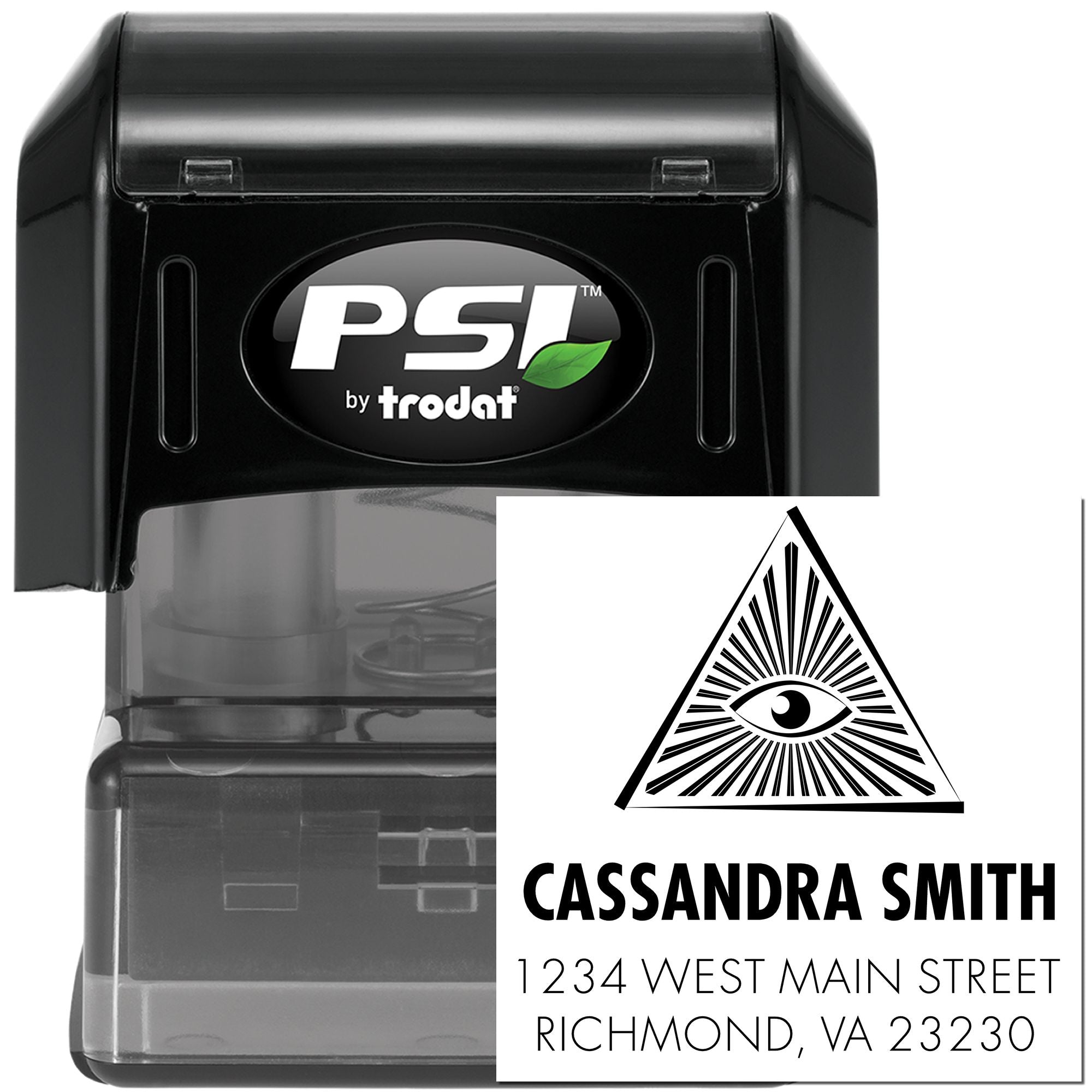 PSI by Trodat self-inking custom address rubber stamp for Cassandra Smith with eye logo and Richmond, VA address.