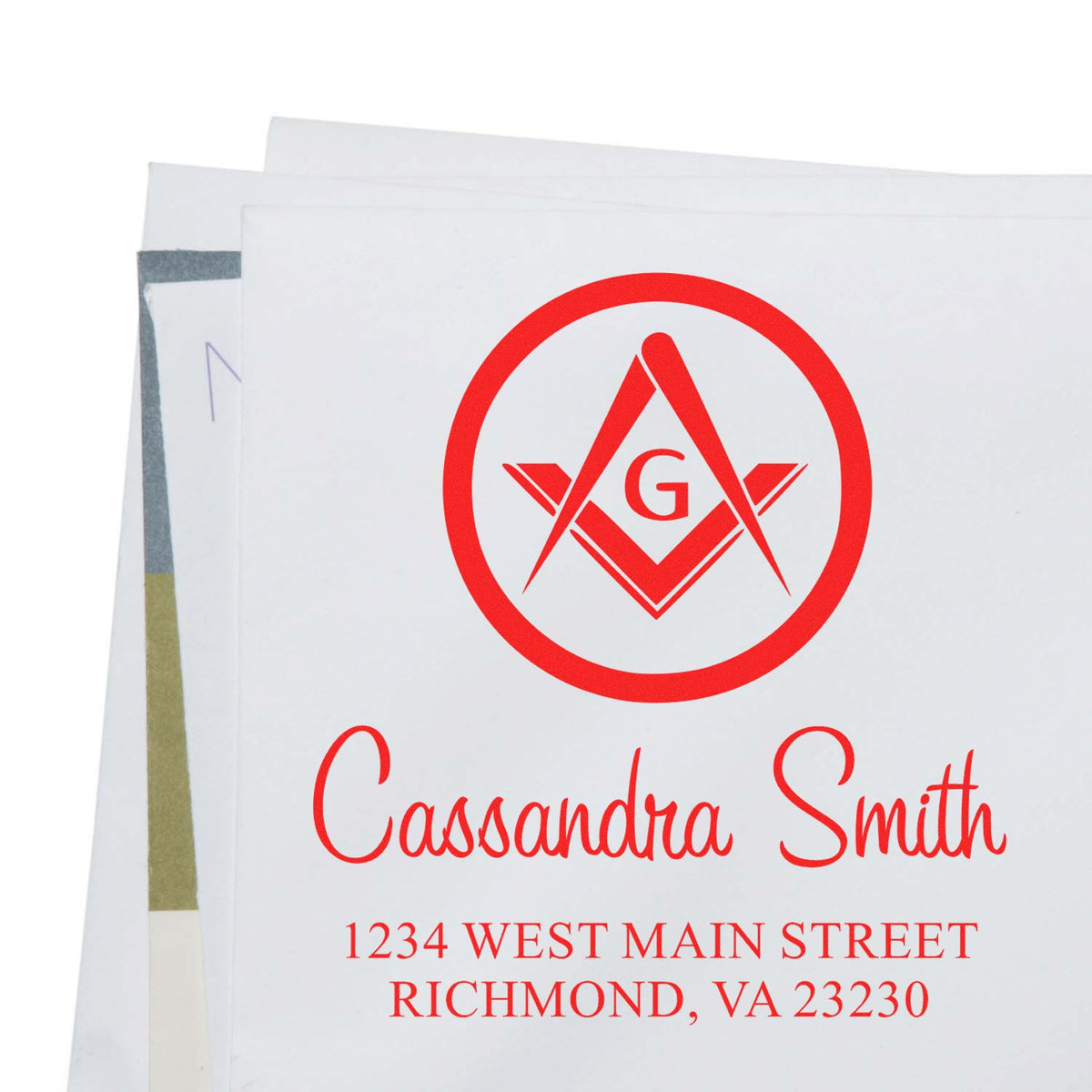 Personalized address rubber stamp with monogram logo, name, and Richmond, VA address for envelopes.