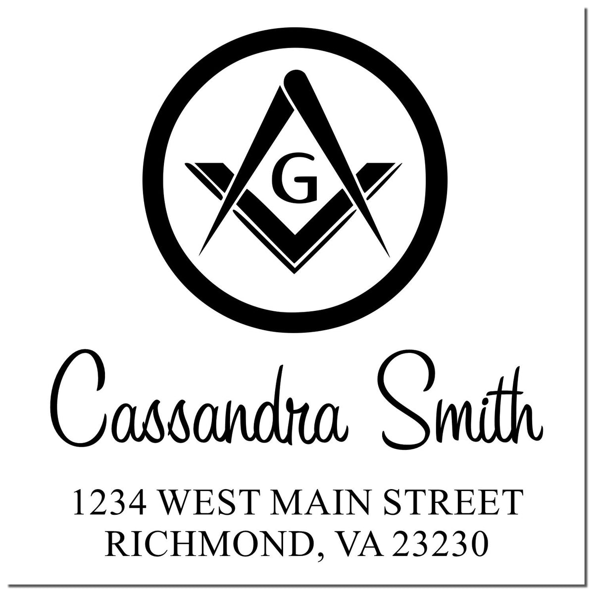 Custom return address rubber stamp for Cassandra Smith, 1234 West Main Street, Richmond, VA 23230, with monogram logo