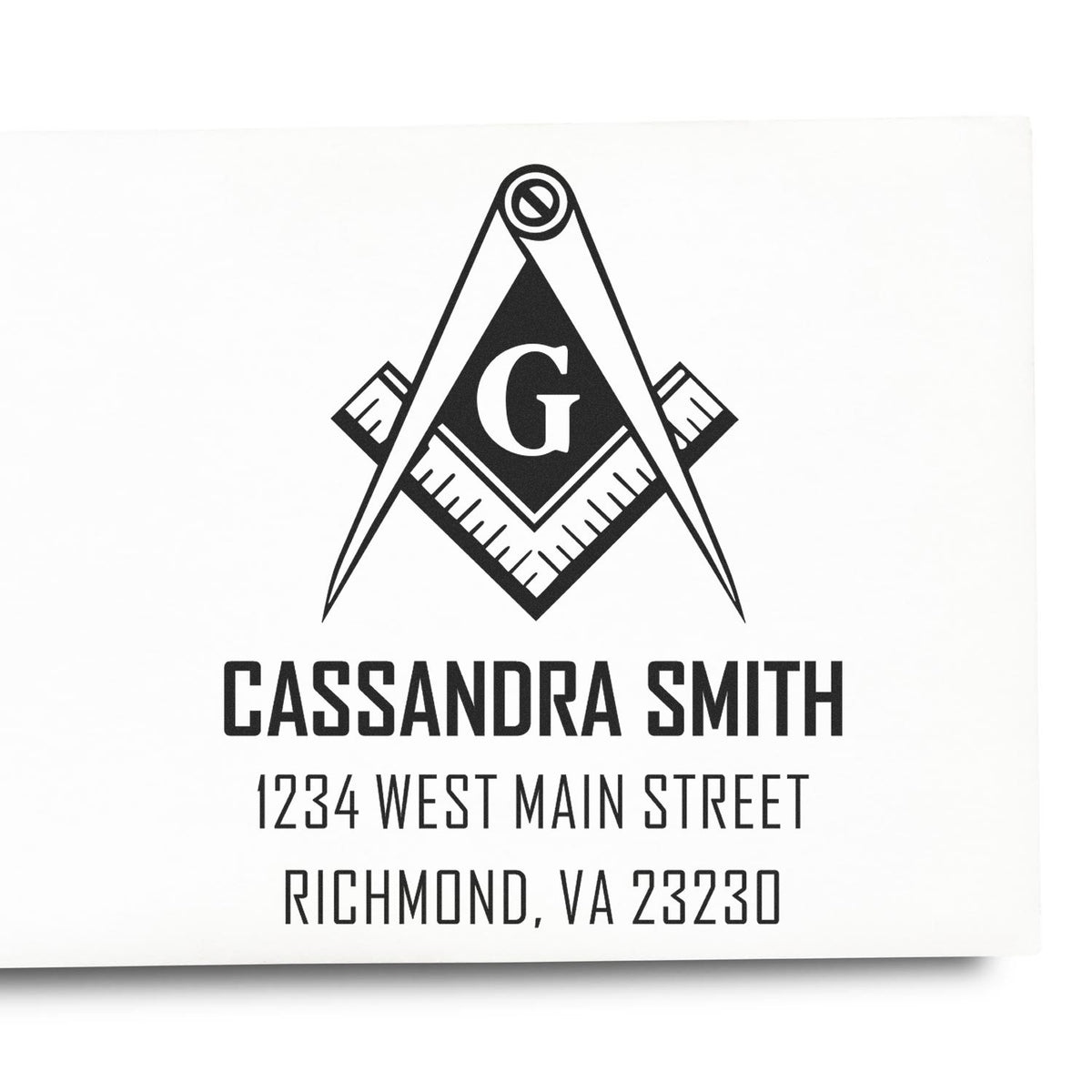 Custom Masonic return address rubber stamp for Cassandra Smith, Richmond, VA, with compass and square logo.