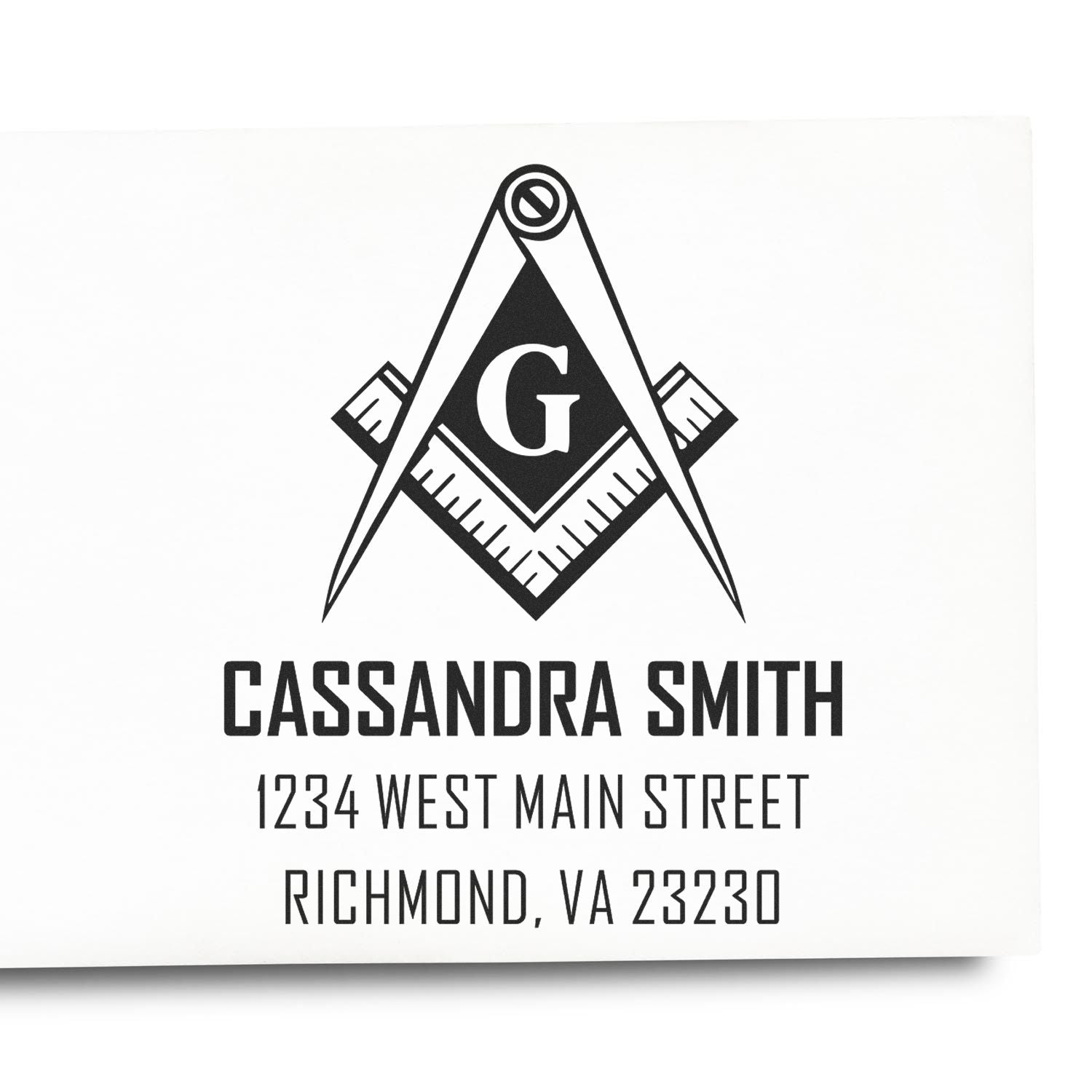 Custom Masonic return address rubber stamp with square and compass logo for Cassandra Smith, Richmond, VA