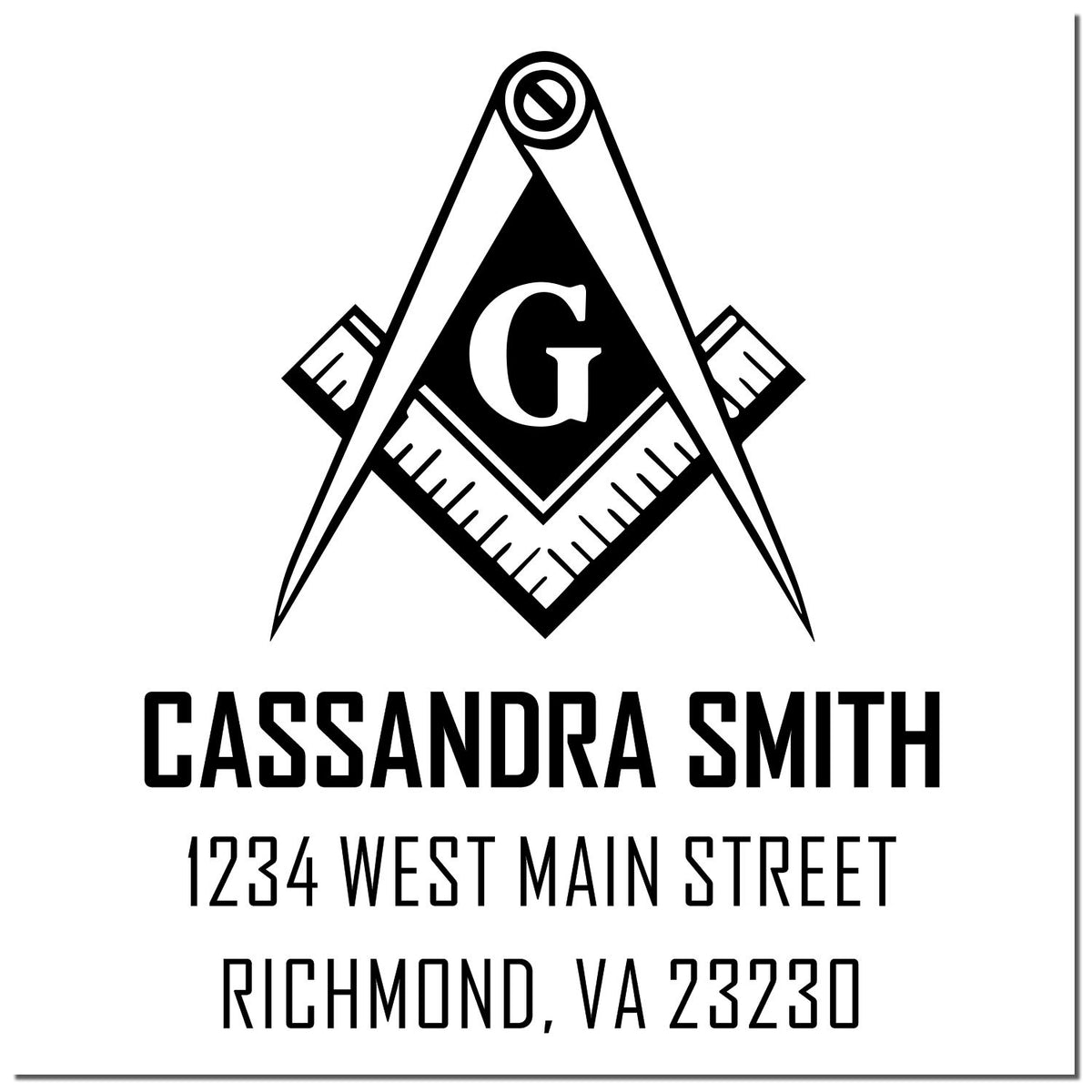 Personalized Masonic return address rubber stamp with compass and square emblem, letter G, Cassandra Smith, Richmond, VA.