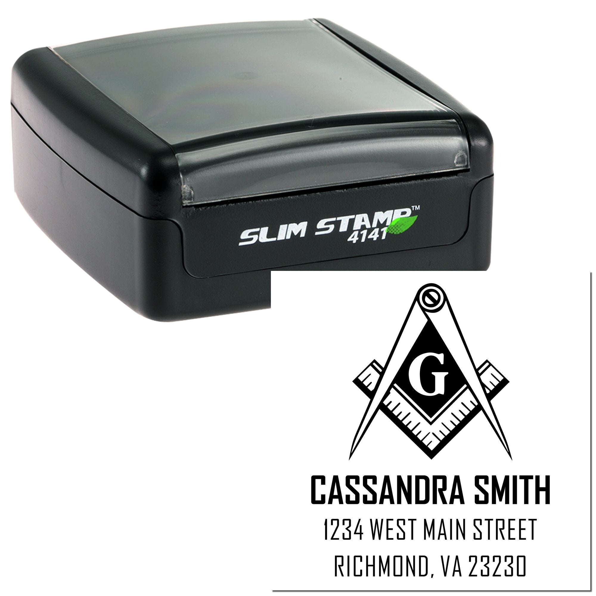 Slim self-inking custom Masonic address stamp with square and compass logo for Cassandra Smith, Richmond, VA 23230
