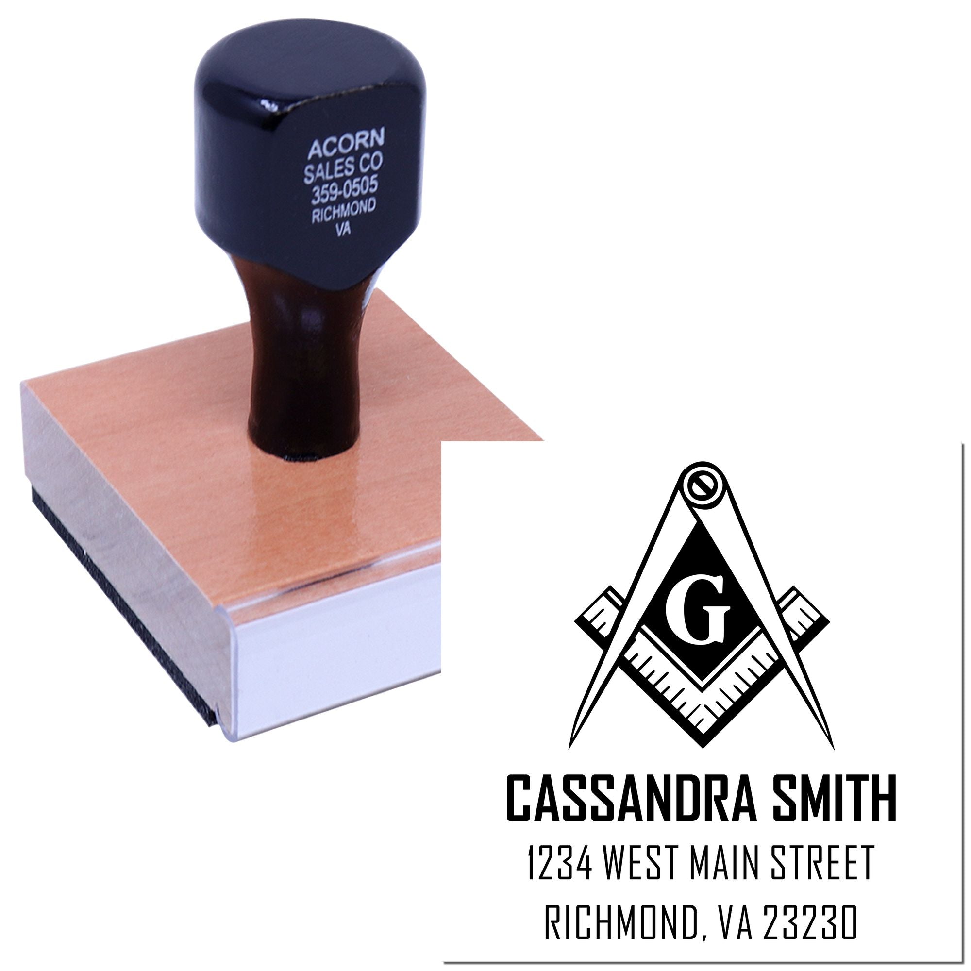 Custom rubber stamp featuring Masonic square and compass logo, Cassandra Smith name, and Richmond, VA address.