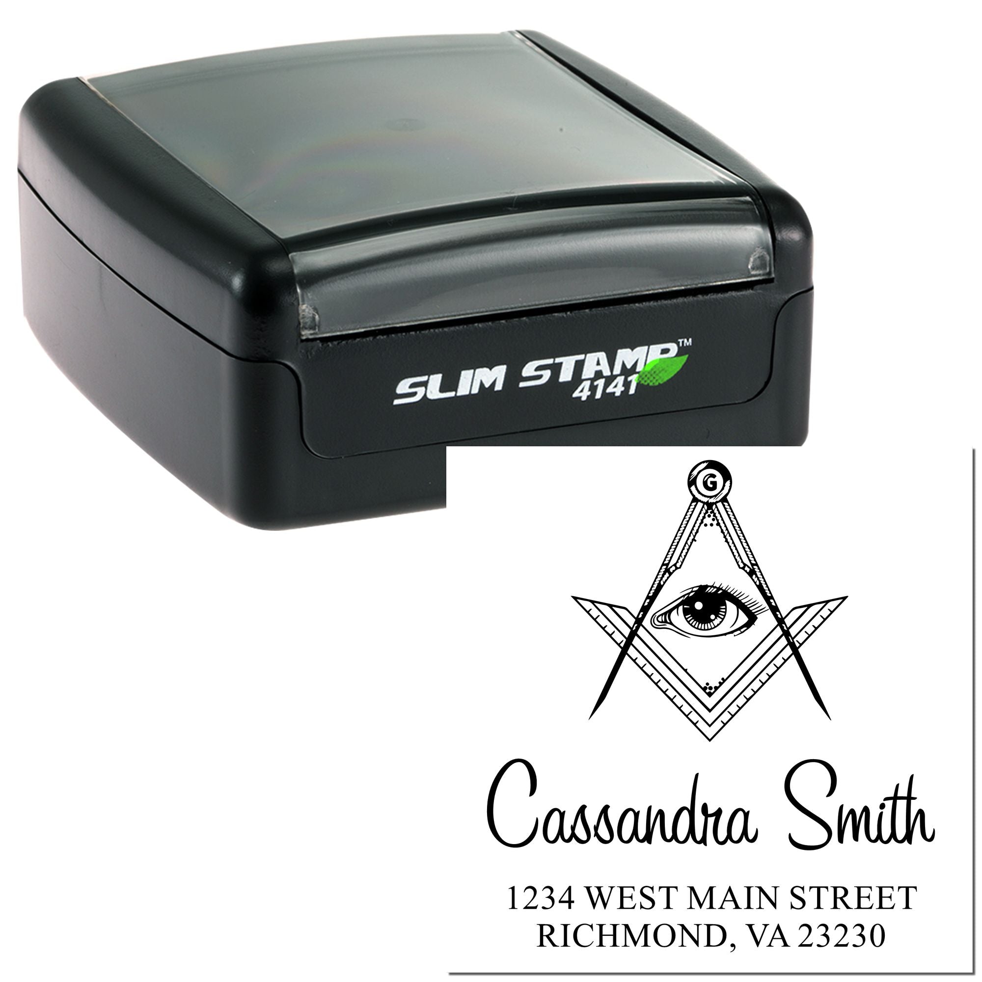 Custom self-inking rubber stamp with logo, name, and address for personalized return-address or business use.