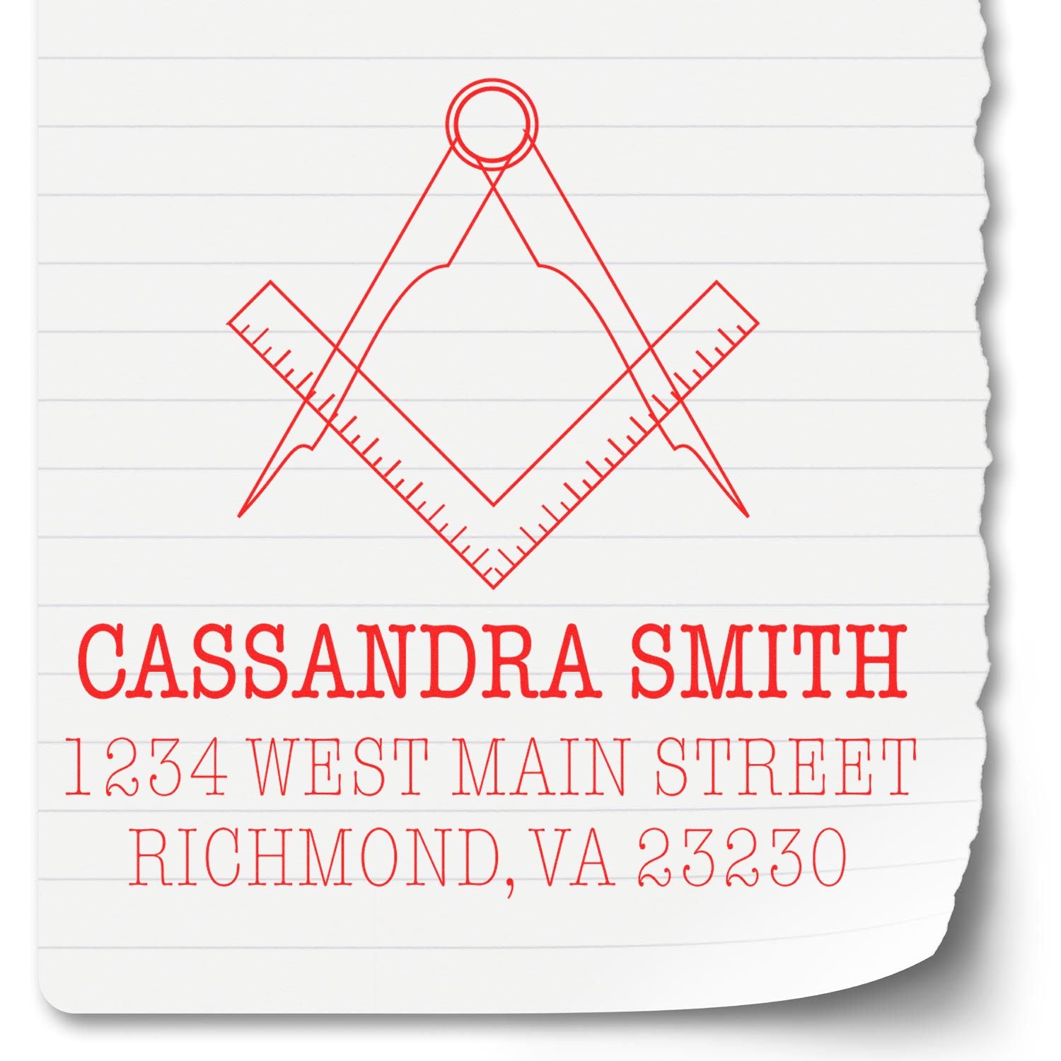 Custom rubber stamp with Masonic compass and square, personalized return address for Cassandra Smith, Richmond, VA 23230