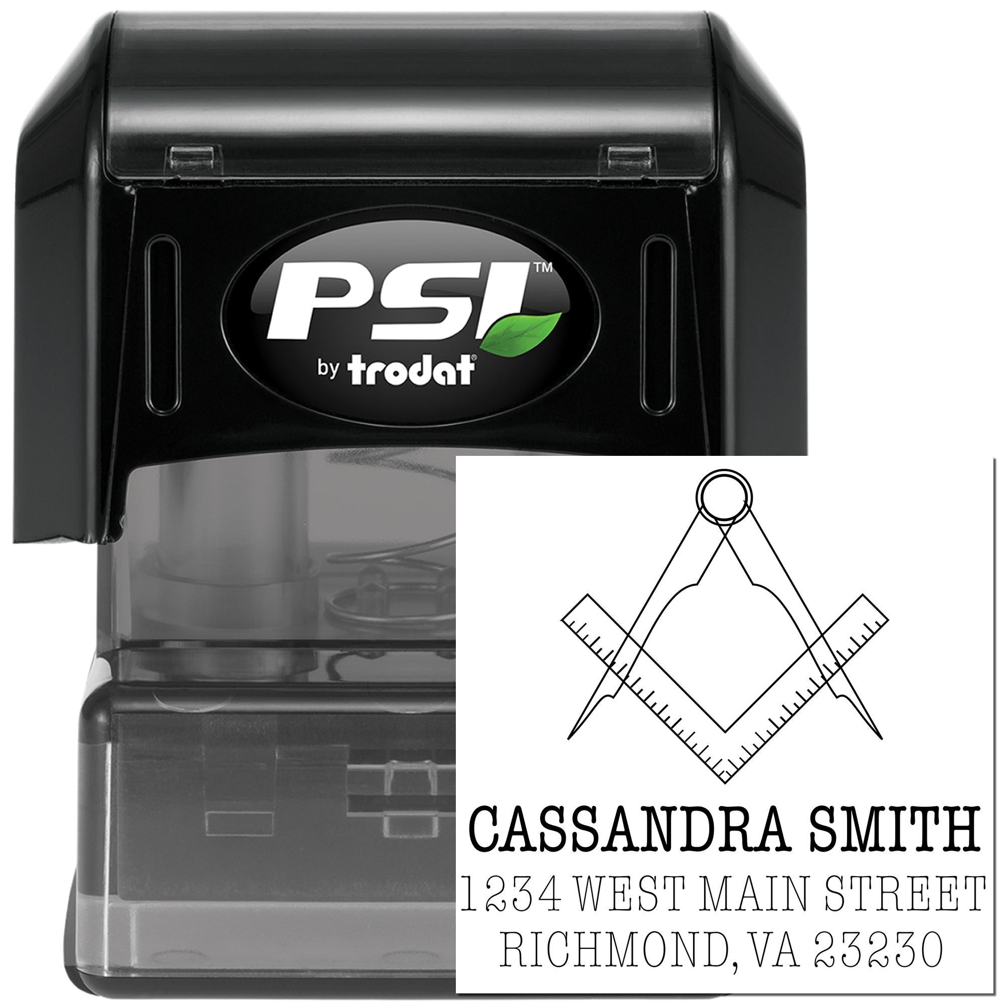 PSI by Trodat self-inking custom address rubber stamp with compass logo and Cassandra Smith imprint