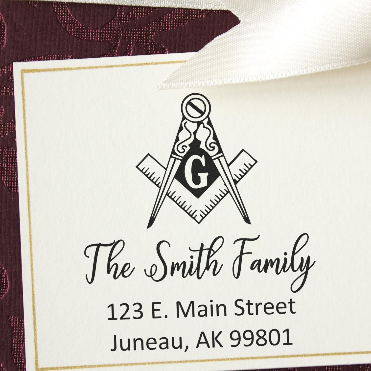 Custom Masonic family return address rubber stamp with The Smith Family, 123 E. Main Street, Juneau, AK 99801.