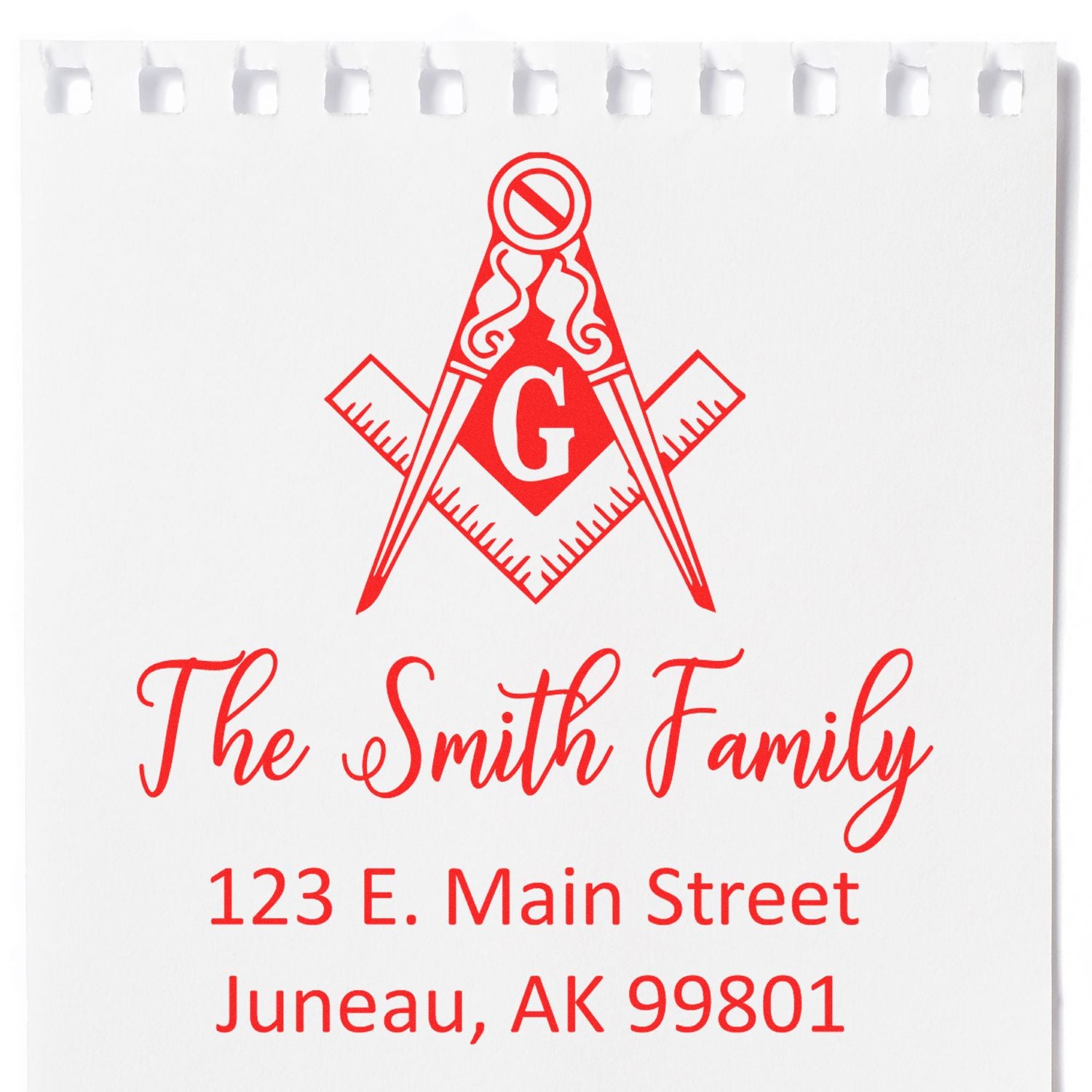 Custom Masonic return address rubber stamp with compass and square logo, The Smith Family, 123 E. Main Street, Juneau, AK 99801.