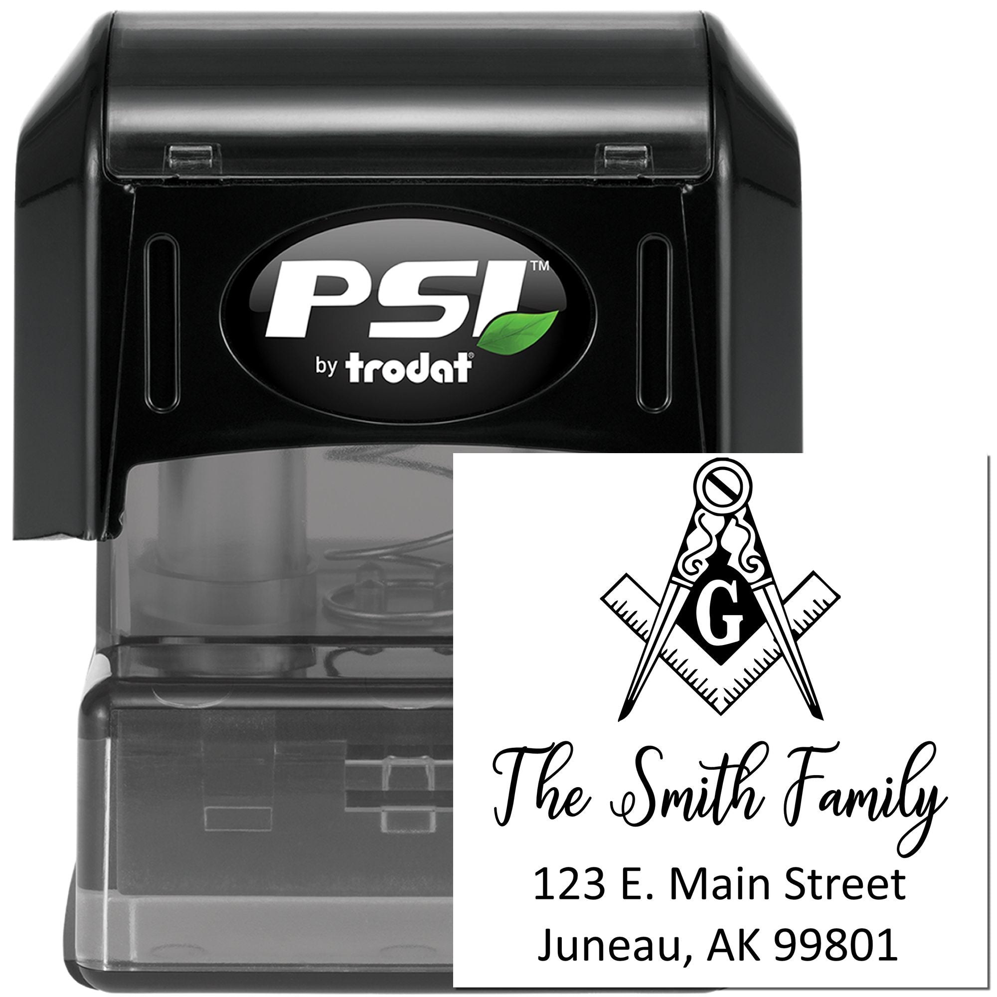 Custom self-inking rubber address stamp by PSI Trodat with family name, Masonic emblem, and return address.