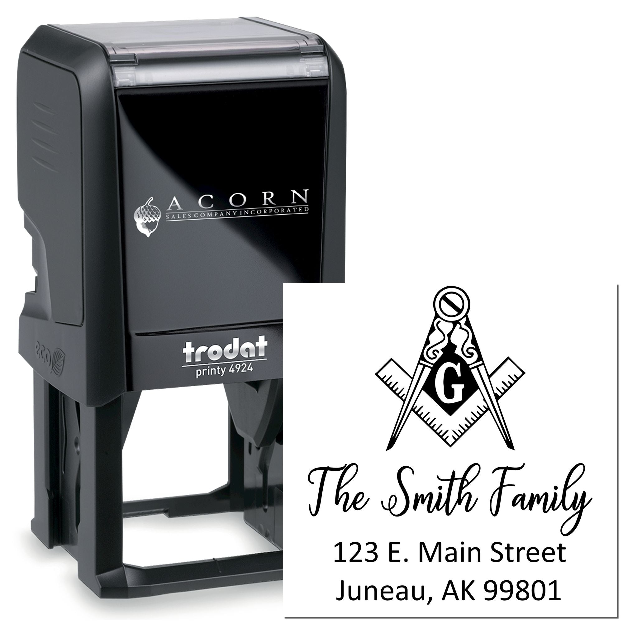 Custom self-inking rubber stamp with Masonic emblem, family name, and address for personalized mailing and return address use.