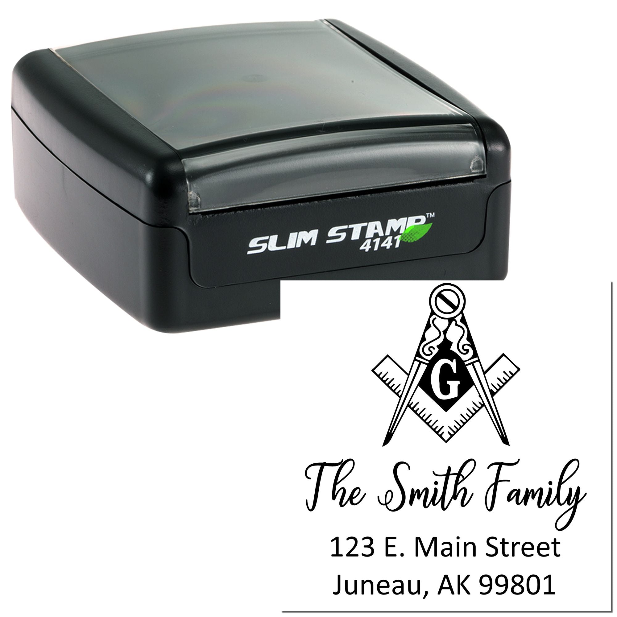 Slim Stamp 4141 self-inking rubber stamp with custom Masonic family return address and address imprint.