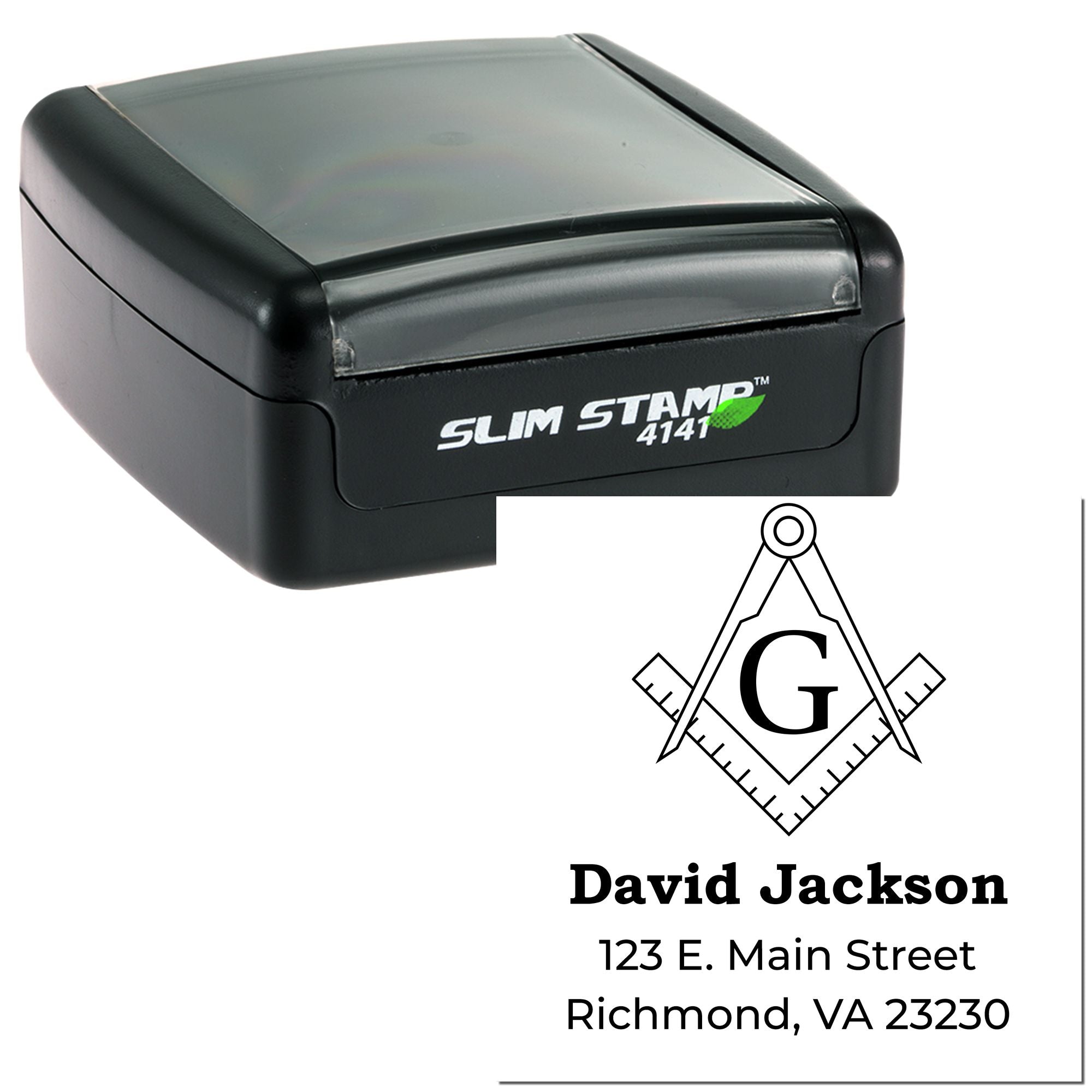 Custom self-inking rubber stamp with Masonic logo, David Jackson name, and Richmond, VA address.