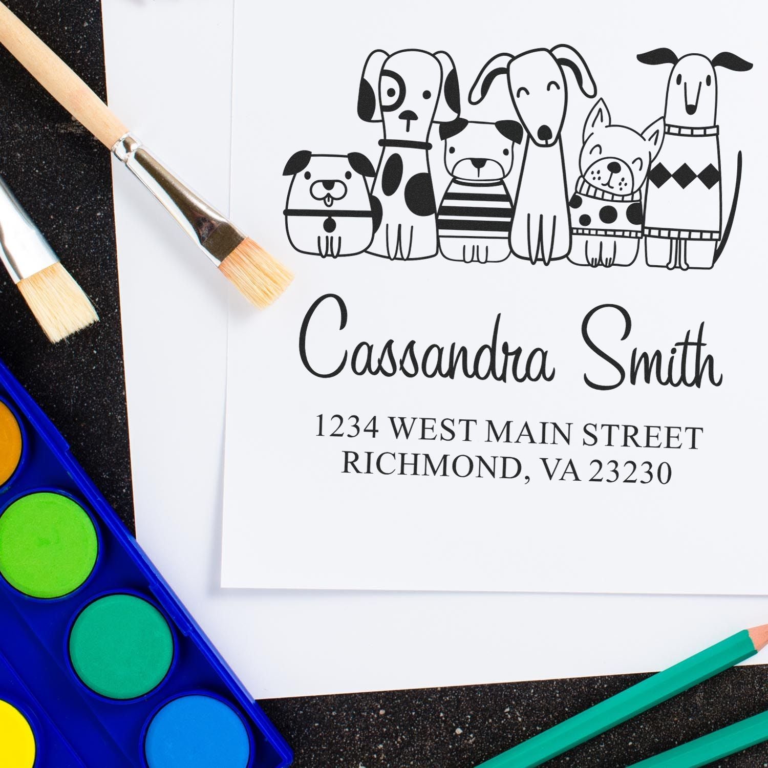 Custom dog address rubber stamp with personalized name and mailing address, perfect for pet-themed stationery and cards.