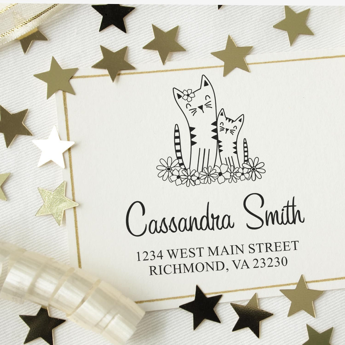 Custom cat address stamp with floral design for personalized return mail and wedding stationery