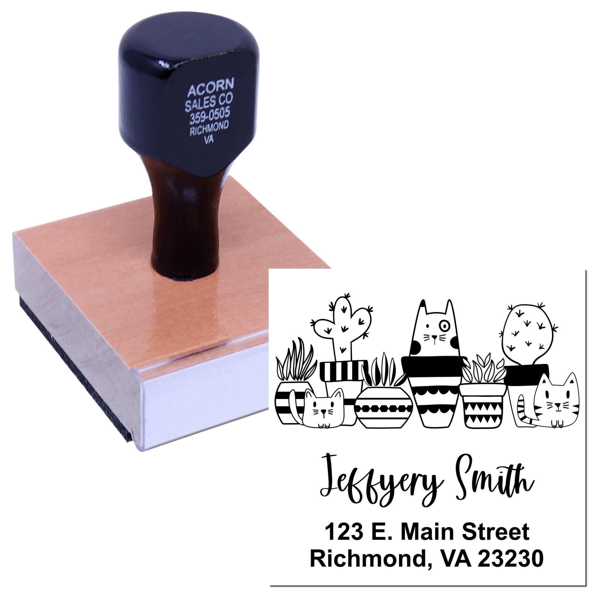 Custom rubber stamp for business logo and address with cat planter artwork and personalized Richmond, VA contact details.