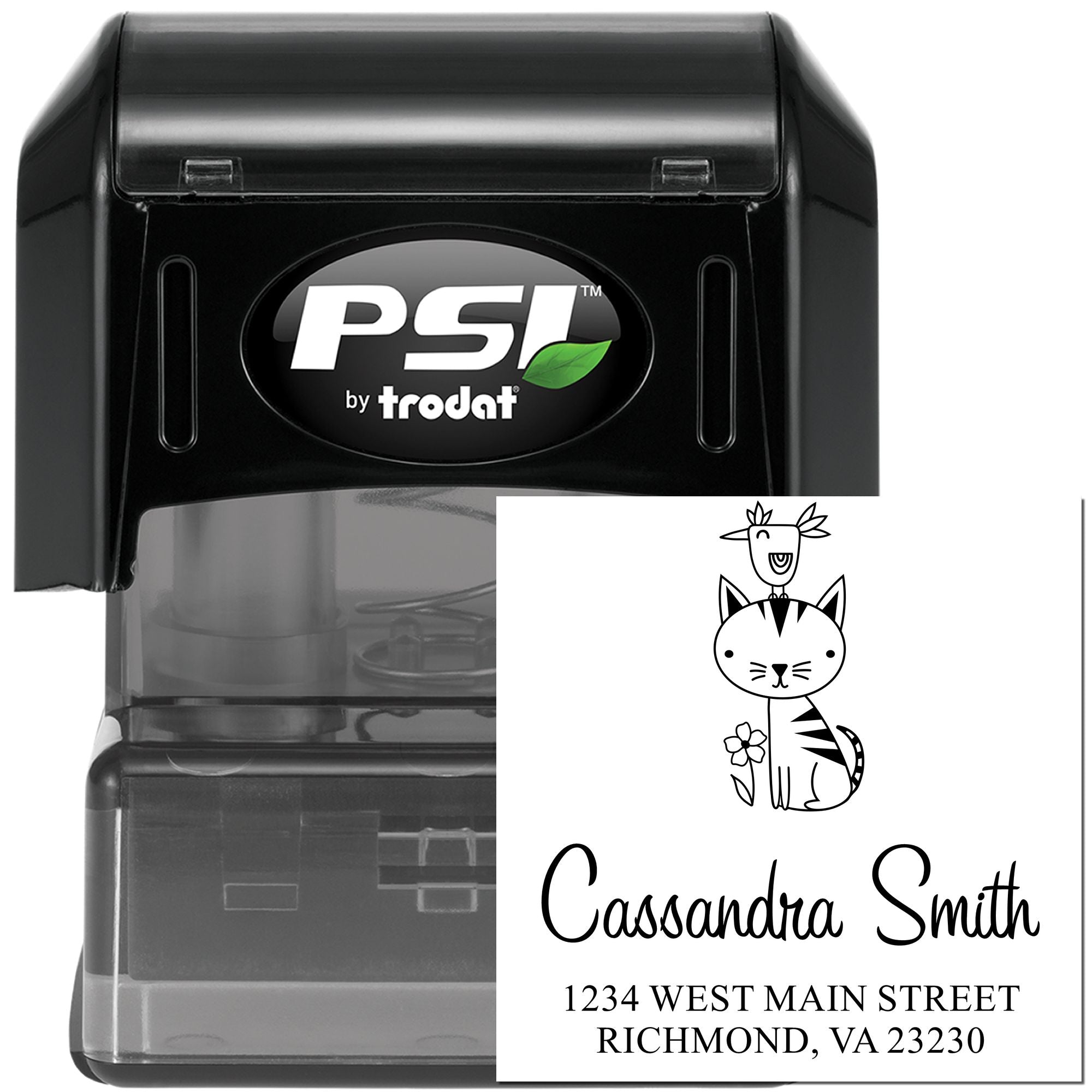 Custom self-inking PSI by Trodat rubber address stamp with cat design, Cassandra Smith name, and return address
