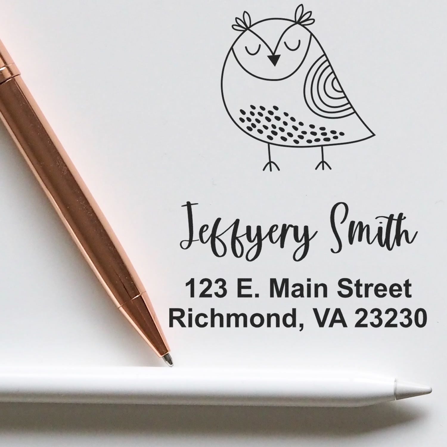 Custom owl rubber address stamp with name and Richmond, VA return address for personalized mailing.