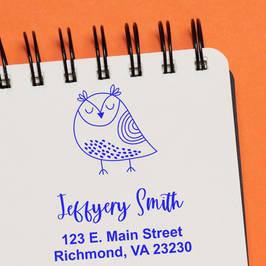 Custom address rubber stamp with owl logo, name, and Richmond, VA address for personalized business stationery.