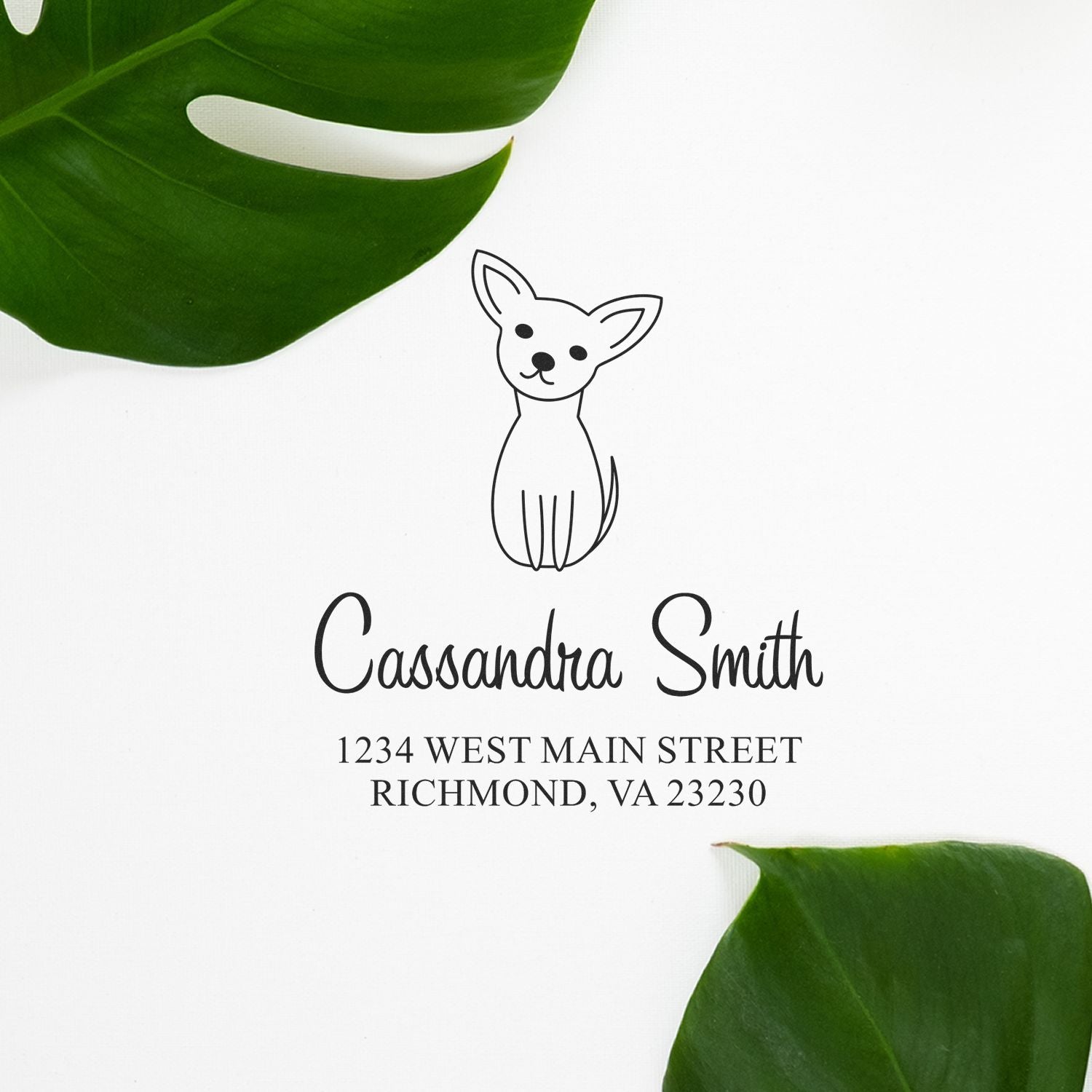 Custom return address rubber stamp with chihuahua illustration, name, and address for personalized pet stationery.