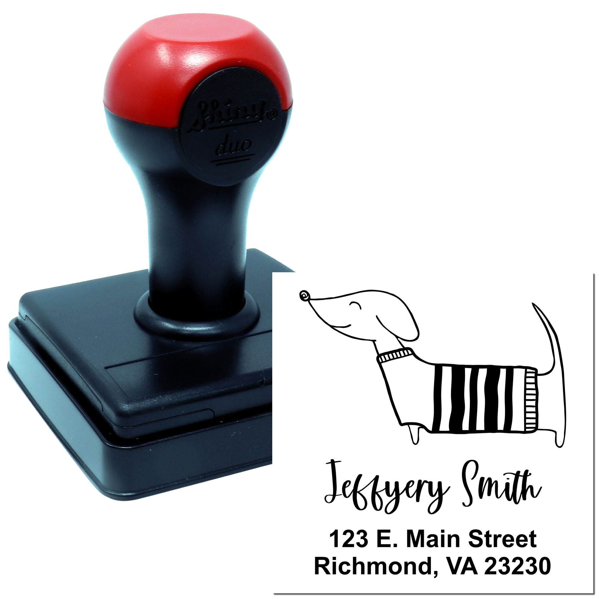 Personalized self-inking rubber address stamp with dog illustration for custom mailing and return addresses.