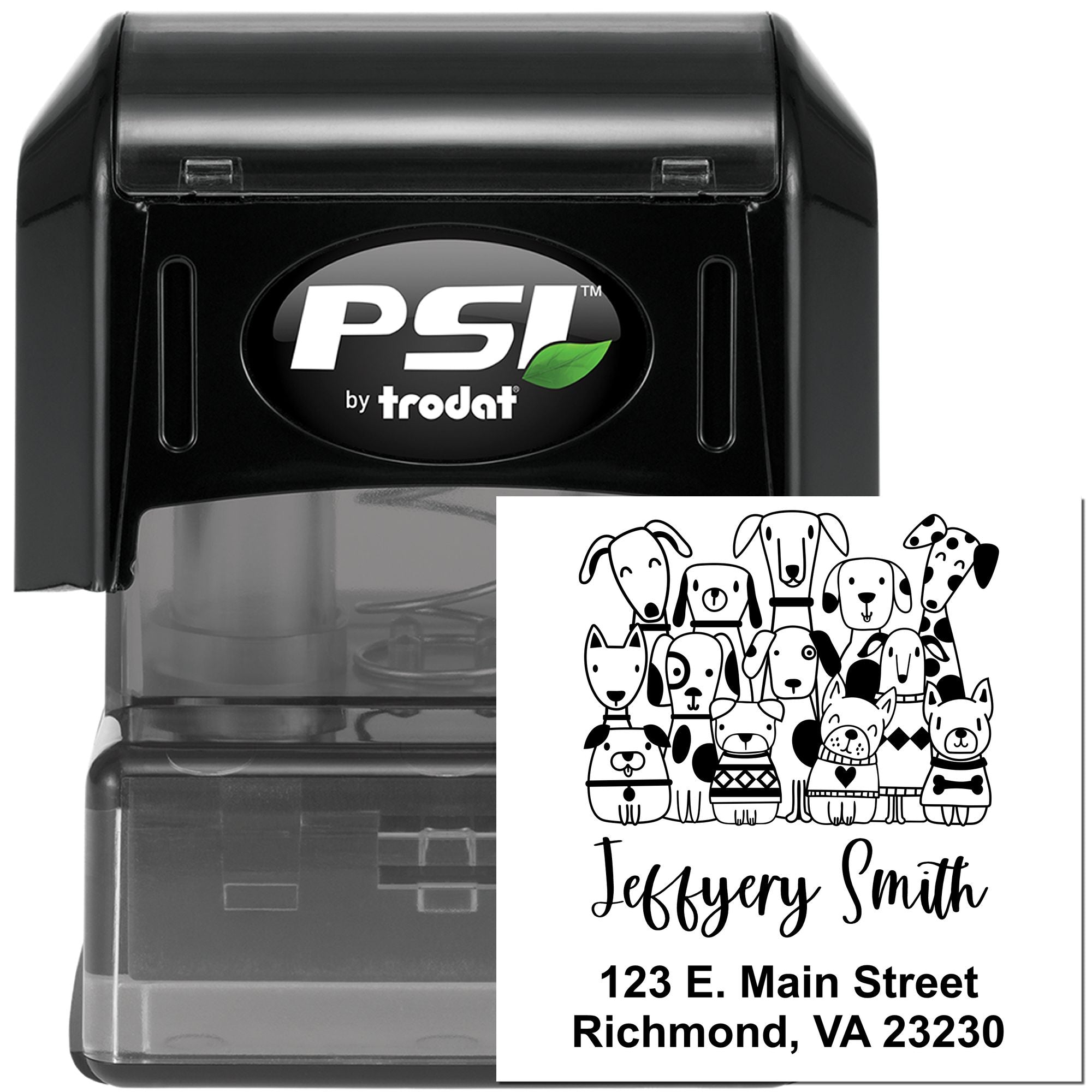 Custom dog lover return address self-inking rubber stamp by PSI Trodat with personalized name and mailing address.