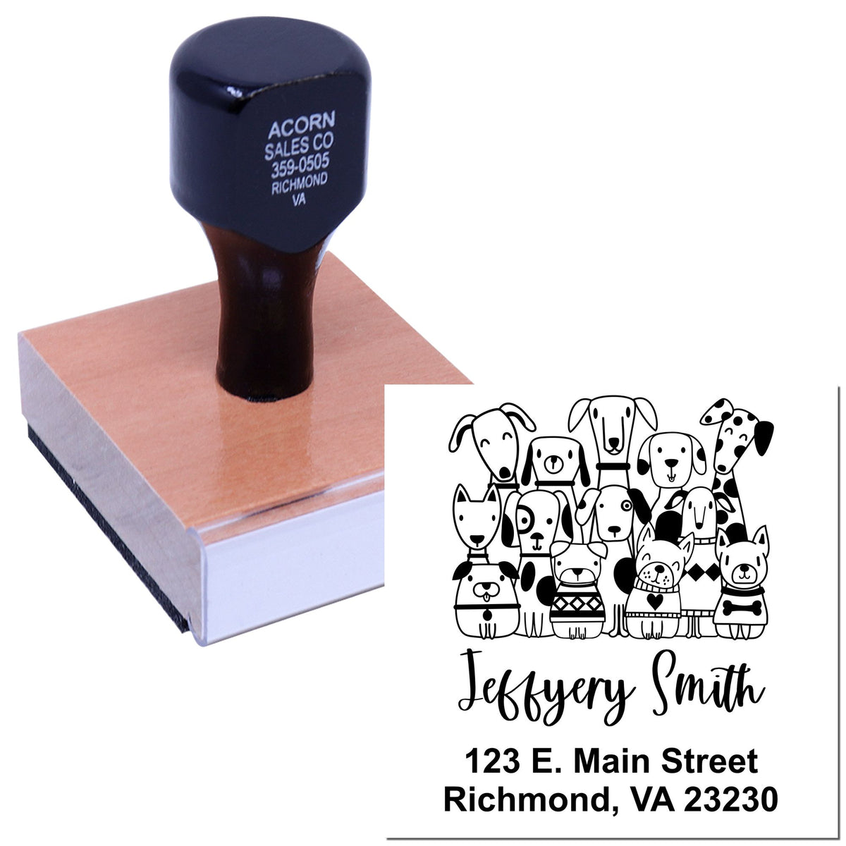 Custom dog address rubber stamp with self-inking handle, showing a personalized pet-themed return address imprint.
