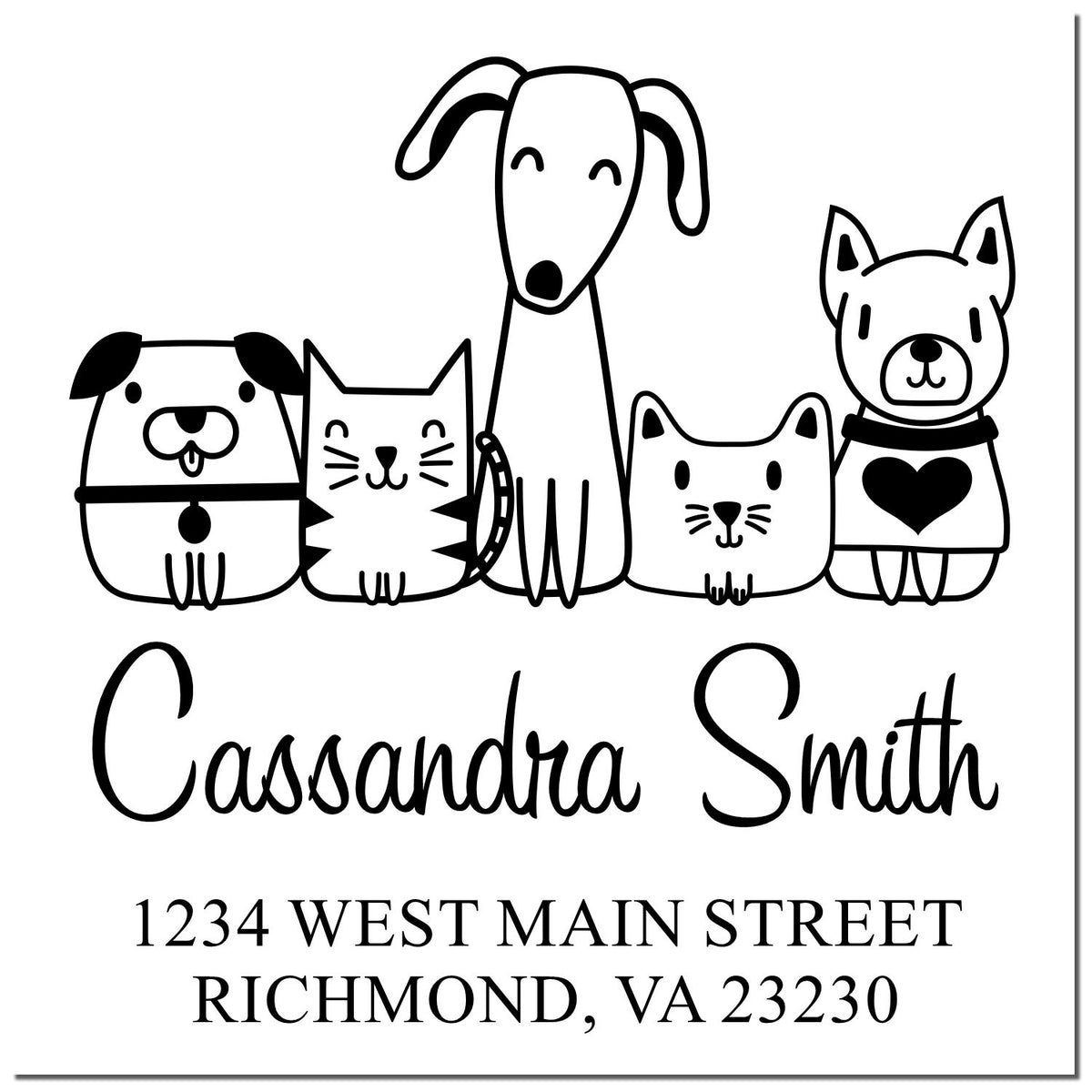Custom pet return address rubber stamp with cat and dog design, personalized name and address for envelopes and mail.