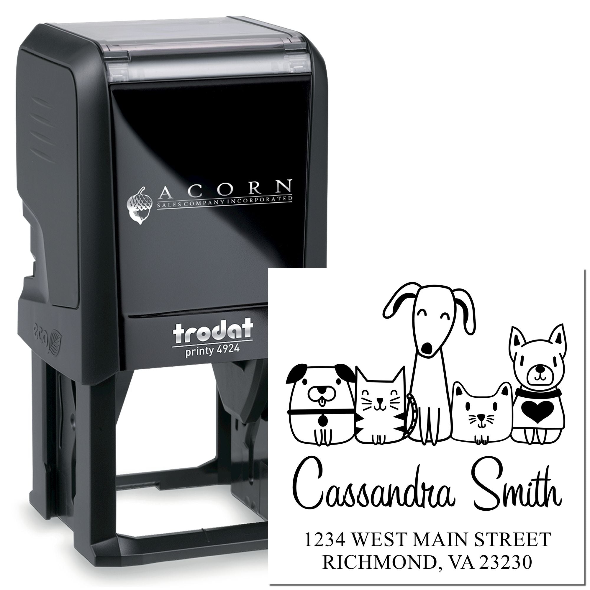 Personalized self-inking return address rubber stamp, Trodat Printy 4924, with pet family design and custom name/address.