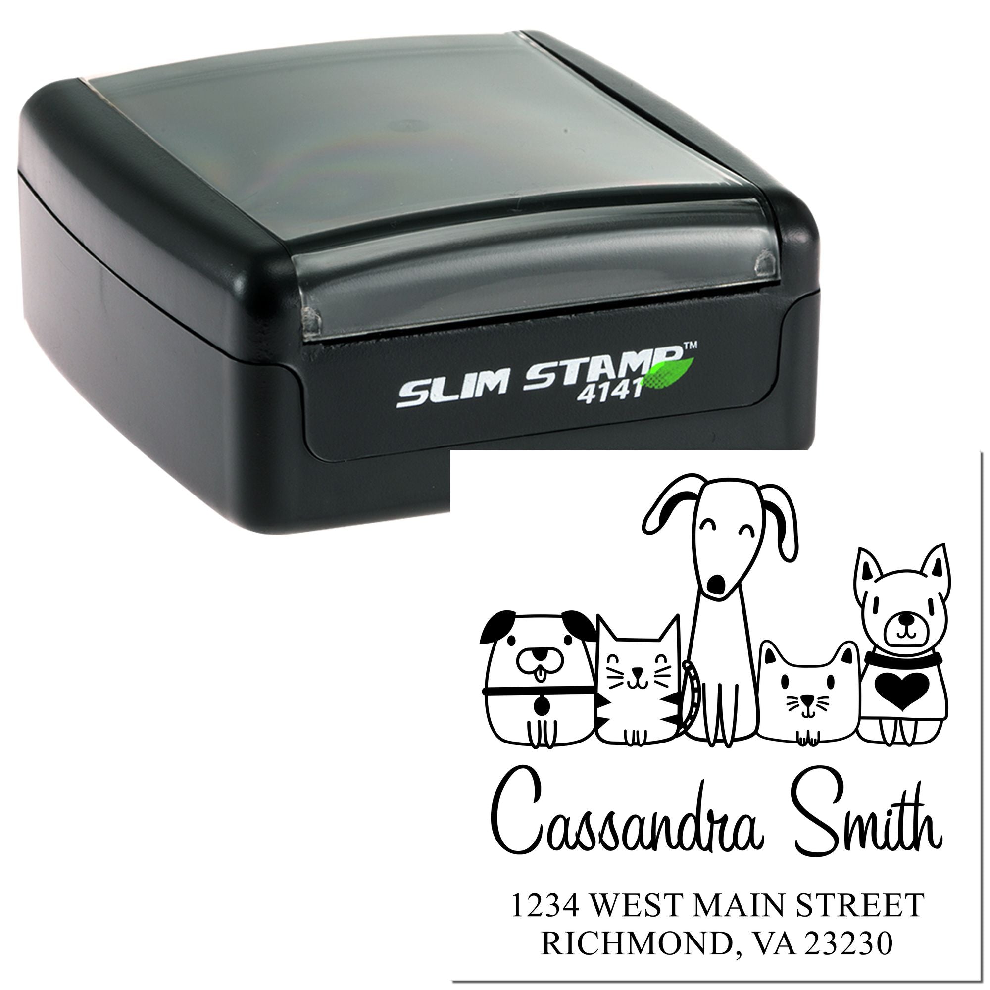 Custom Slim Stamp 4141 self-inking rubber stamp with pet family design and personalized name and address.