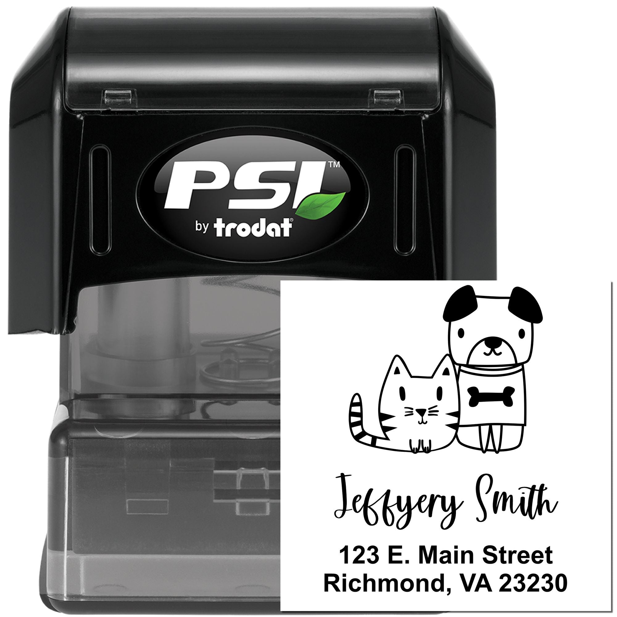 Custom self-inking rubber stamp with dog and cat design, personalized name, and Richmond, VA return address.