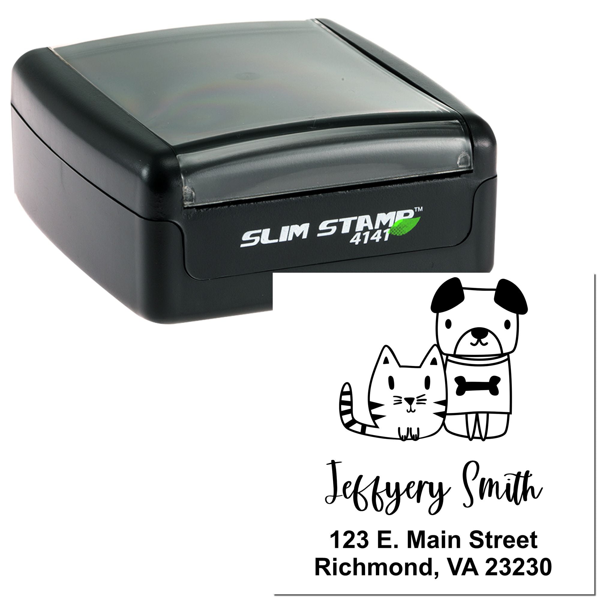 Custom self-inking Slim Stamp 4141 rubber address stamp with dog and cat design for Jeffery Smith, Richmond VA 23230.