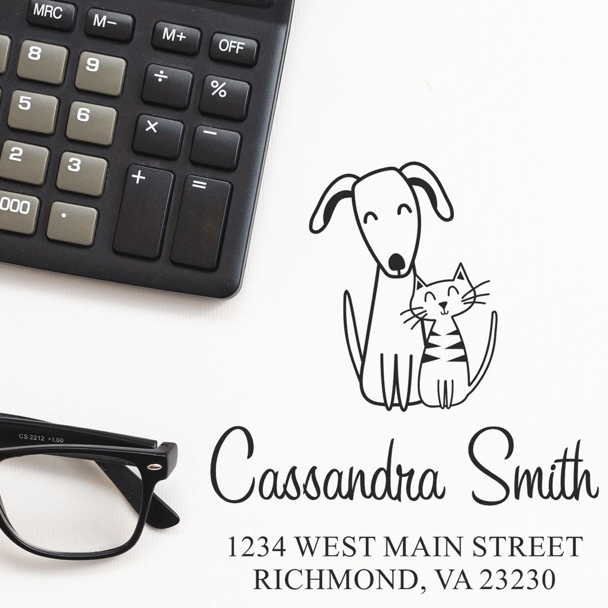 Personalized rubber address stamp with dog and cat illustration, name, and Richmond, VA mailing address.