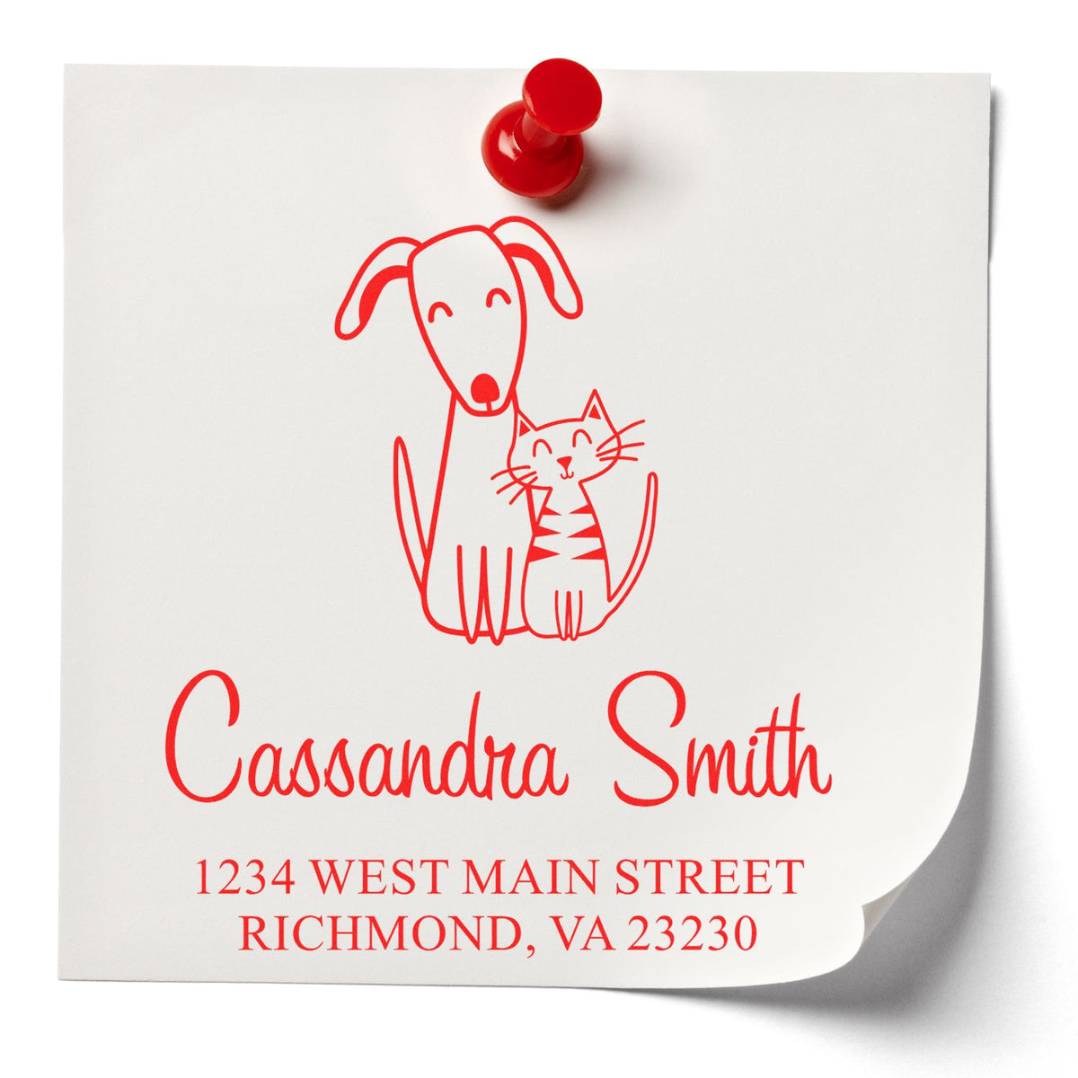 Custom pet return address rubber stamp with dog and cat design for Cassandra Smith mailing labels.