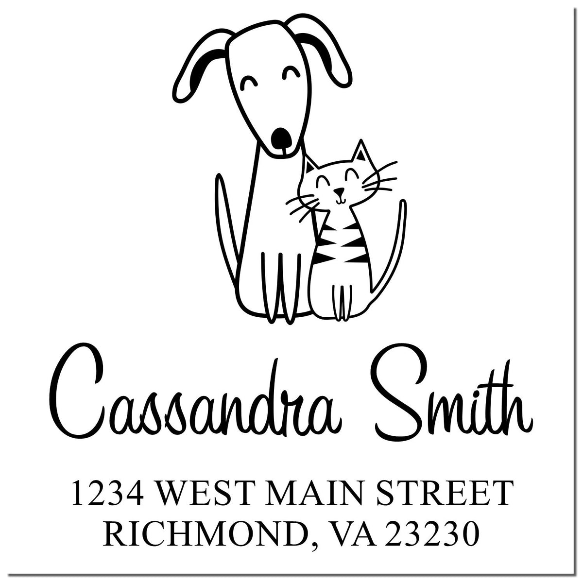 Custom pet address rubber stamp with dog and cat illustration, Cassandra Smith name, and Richmond VA return address.