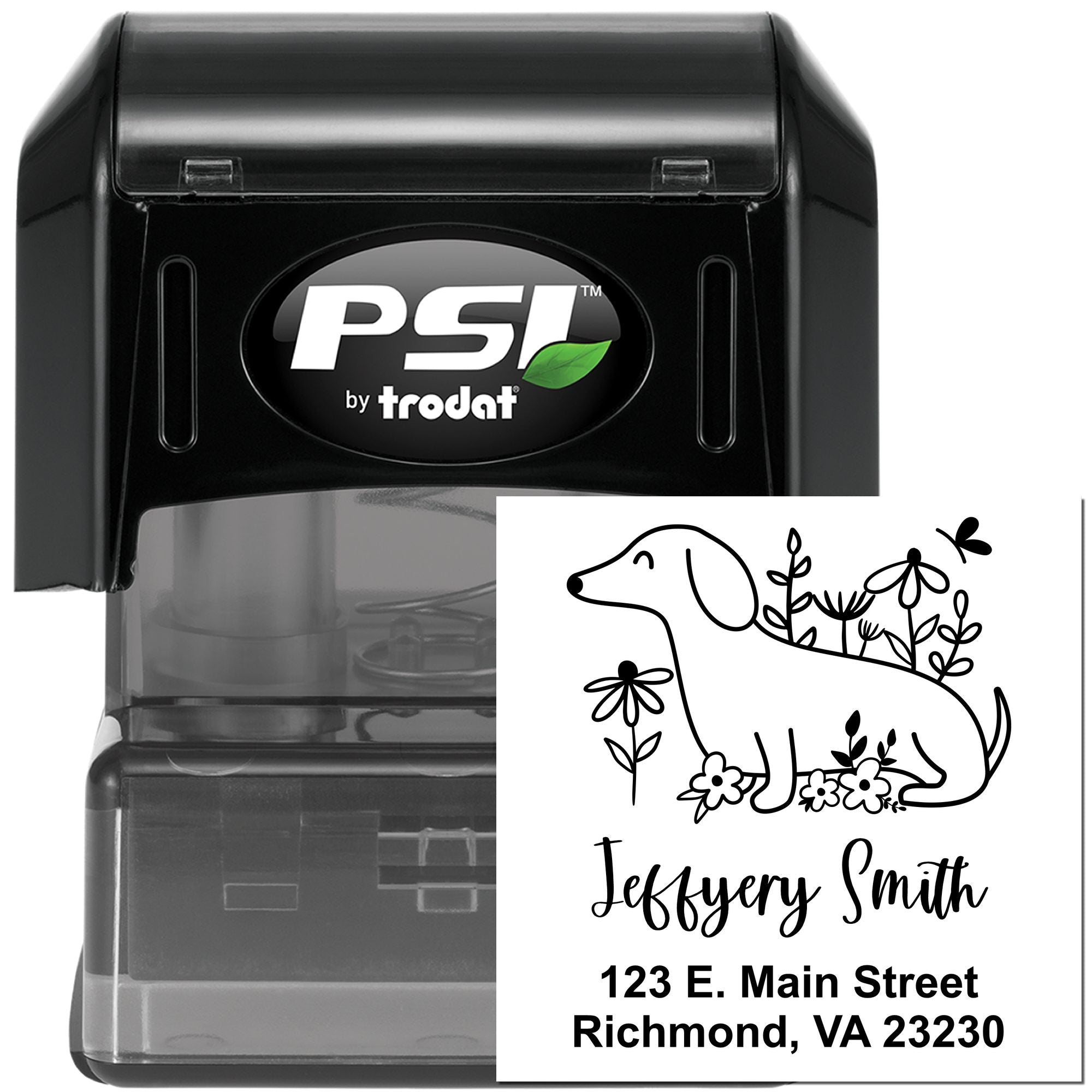 PSI by Trodat custom self-inking dog address stamp for Jeffrey Smith, 123 E. Main Street, Richmond, VA 23230