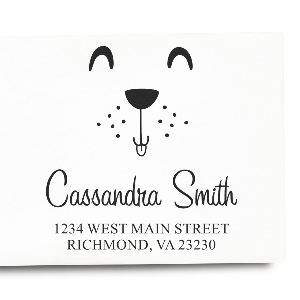 Custom dog face return address rubber stamp with name Cassandra Smith and Richmond, VA address.