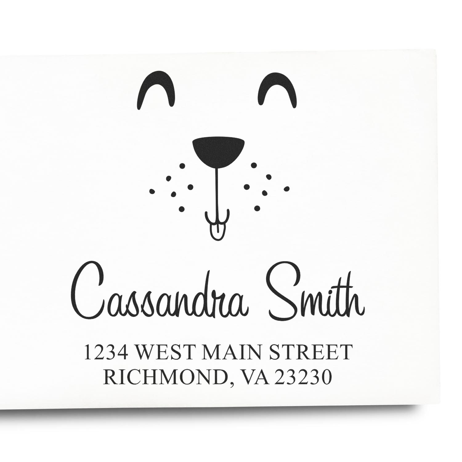 Custom dog address rubber stamp with Cassandra Smith name and Richmond, VA return address for mailing envelopes.