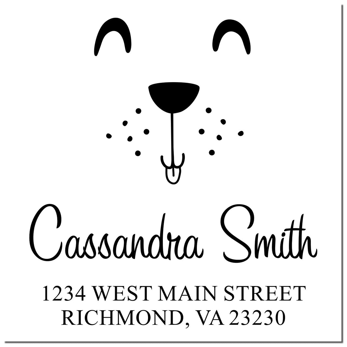 Custom rubber address stamp with dog face design, Cassandra Smith, and Richmond, VA 23230