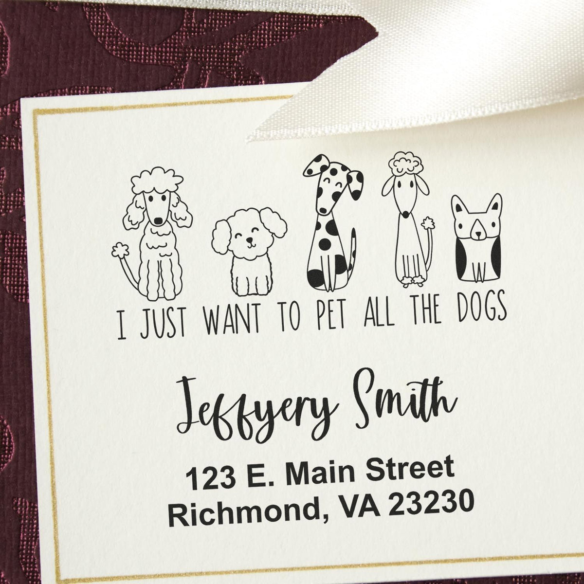 Custom dog lover rubber stamp with illustrated pups, personalized name and address, and quote: I just want to pet all the dogs.